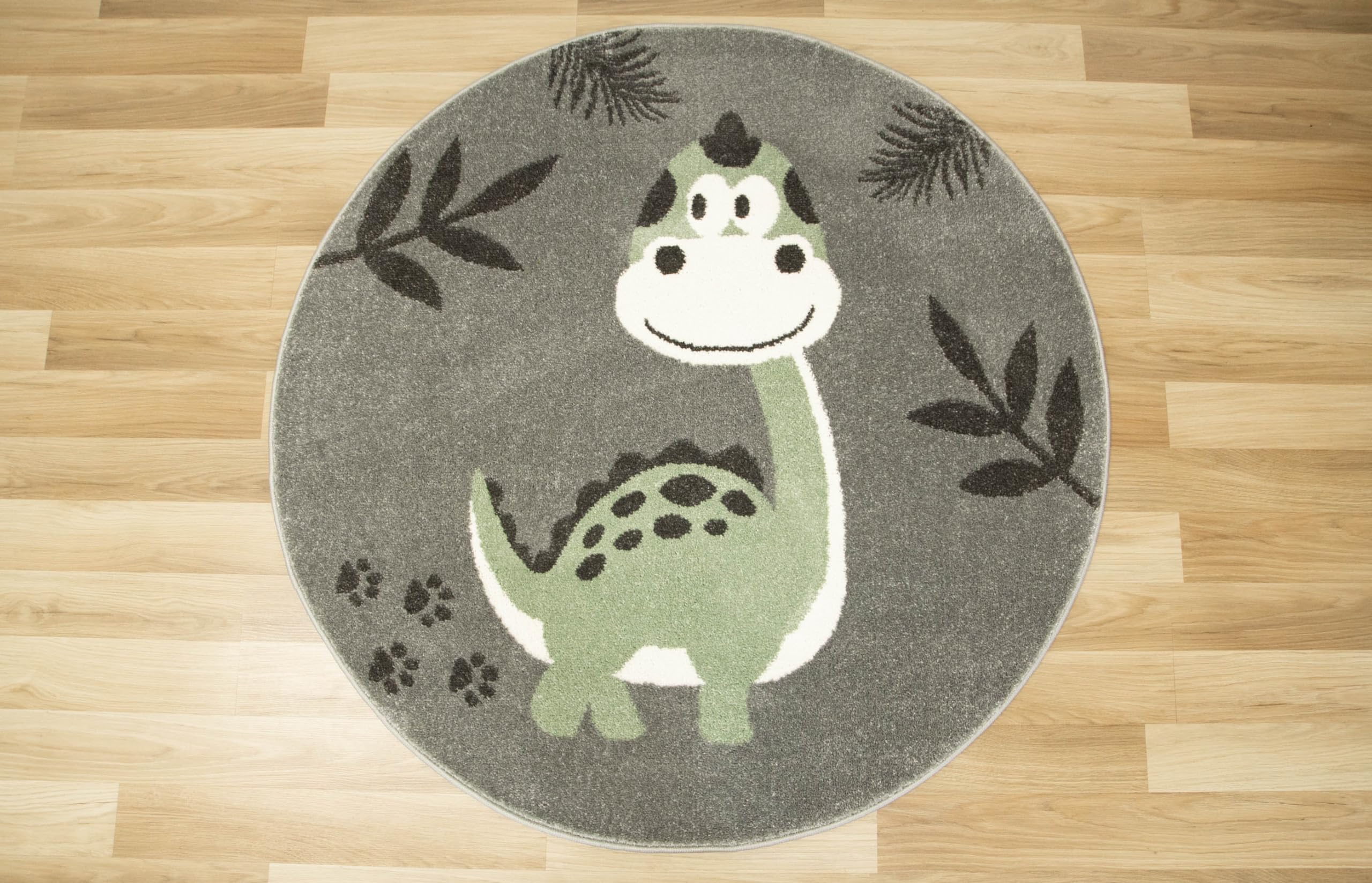 Runder Kinderteppich Lima Dinosaurier Grau, Grün 160 cm, Teppiche für EIN Kinderzimmer mit kurzem Flor, Teppich für einen Jungen, Mädchen, Gemütlich Spielteppich, Dekorativ