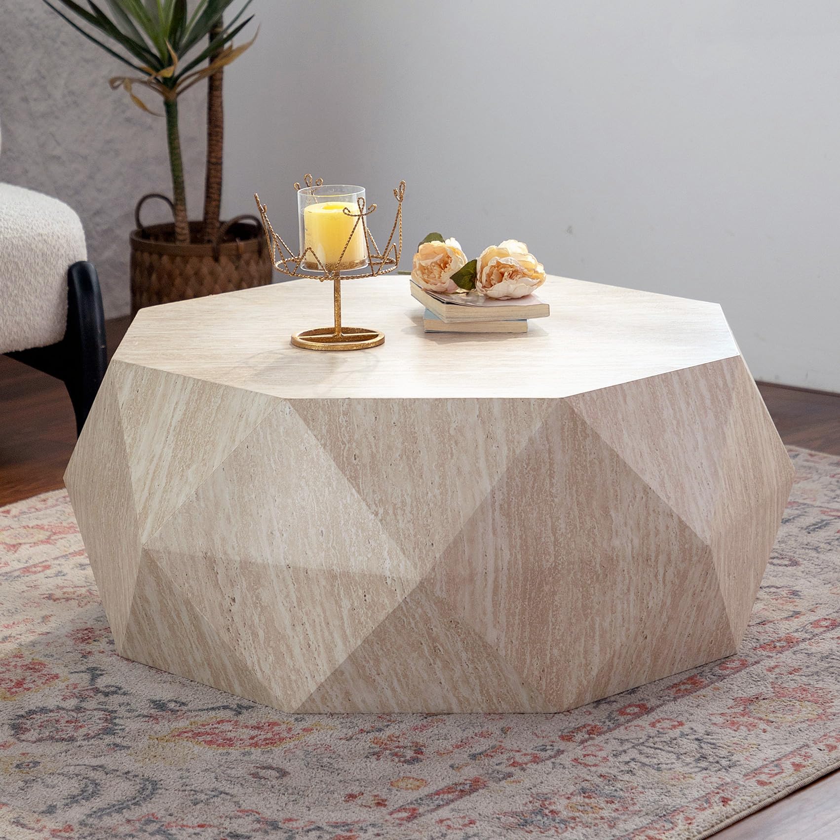Maotifeys Modern Drum Coffee Table Faux Travertine Finish Wood Coffee Table with Diamond Pattern Round Center Table for Living Room Home Office, Fully
