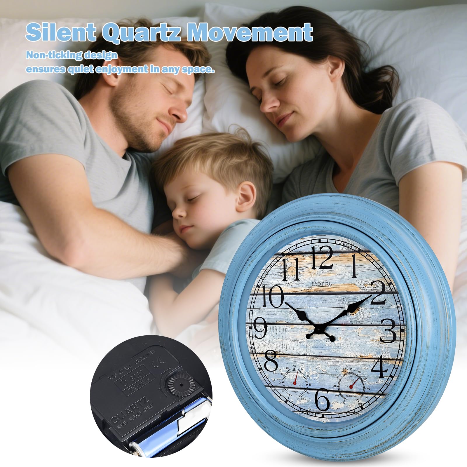 eYotto Grande horloge murale étanche de 46 cm avec thermomètre/hygromètre pour intérieur/extérieur, à piles et silencieuse, pour terrasse, piscine, jardin, salle de bain, maison de plage, bleu
