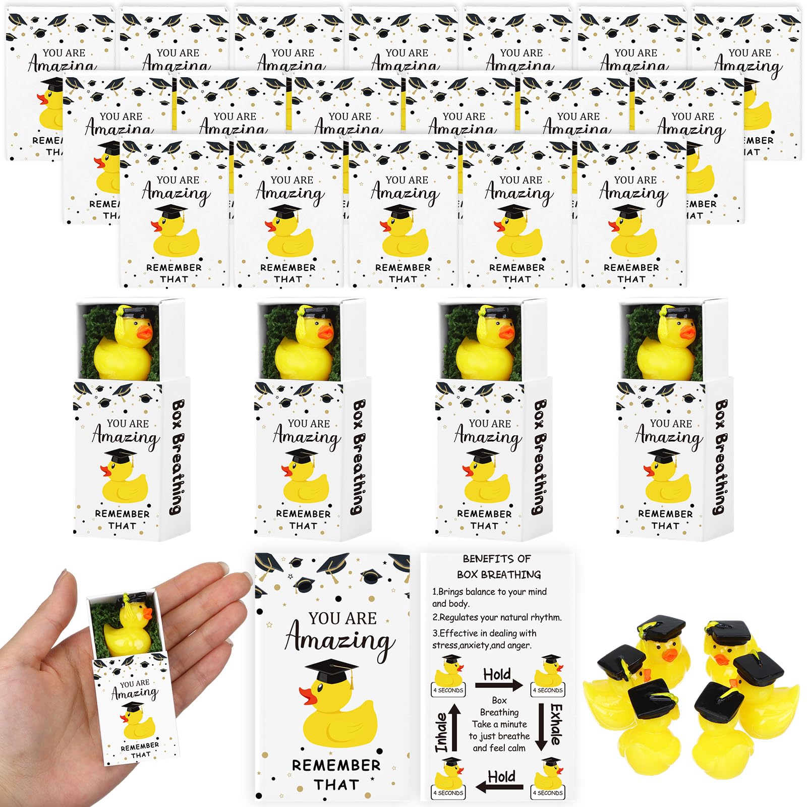 24 Sets 2026 Graduation Gifts Bulk Inspirational Positive Graduation Ducks Mini Yellow Resin Ducks with Greeting Card Boxes Class of 2026 Graduate Gift Congrats Grad Party Gifts for Women Men College
