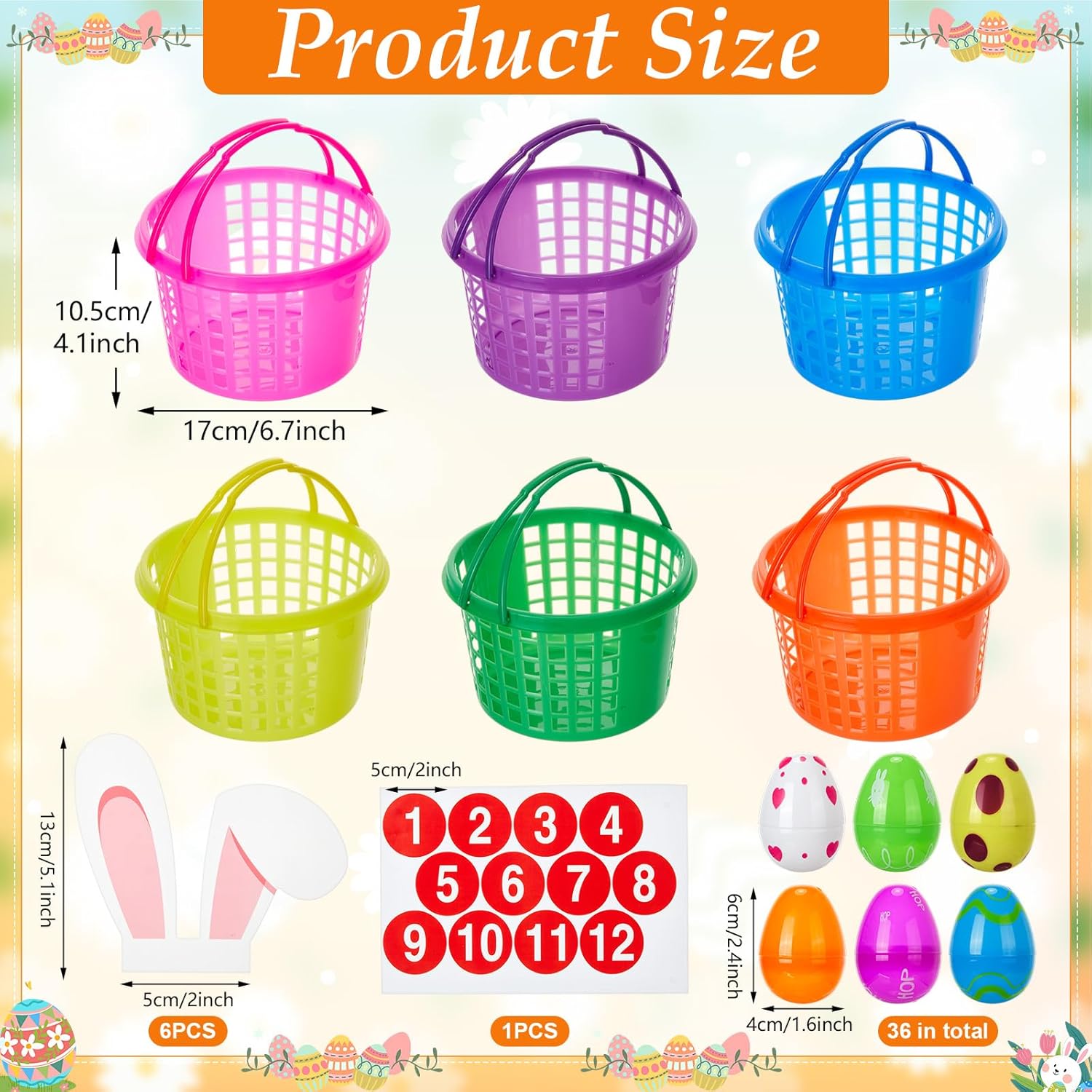 49 Pcs Easter Toss Egg Game Set 6 Plastic Baskets, 6 Rabbit Decor, 1 Number Sticker, 36 Eggs, Indoor Outdoor Carnival Games for Easter Party Family Gathering Spring Festival Game