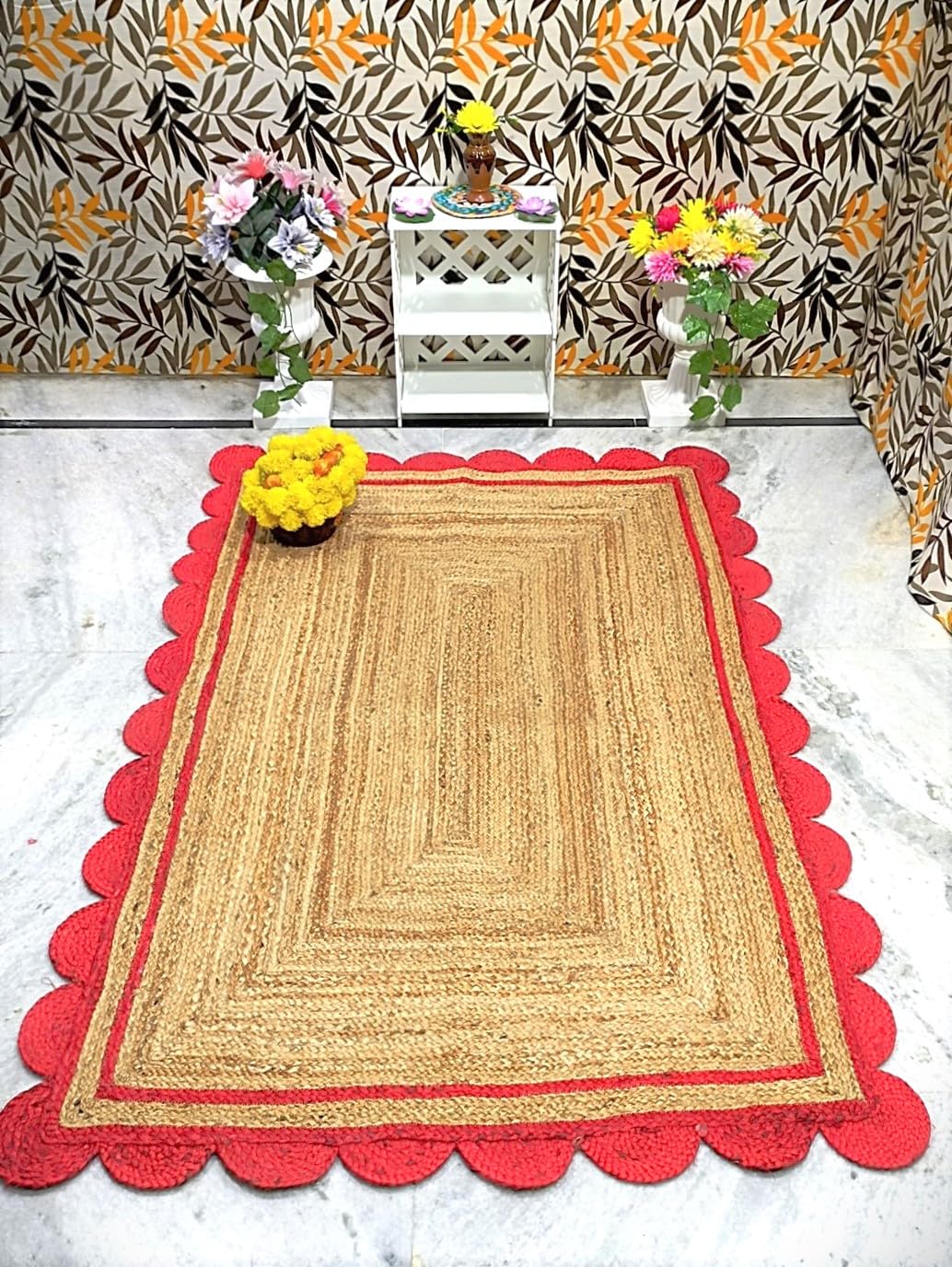 Handmade Braided Natural Jute with Red Scalloped Design Area Rug, Home Décor Rug, Jute Rug for Bedroom, Dining Room, Living Room, Doormat Rug Size - 3' x 12' (90 cm x 360 cm) — image 1