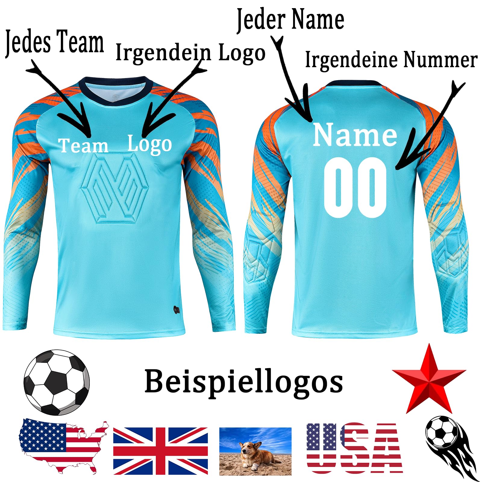 Personalisierte Kinder Torwart Trikots Jungen Fußball Trikot Gepolstert Torwart Shirt Langarm Sport Shirt Benutzerdefiniert Torwarttrikot Tops mit Namen