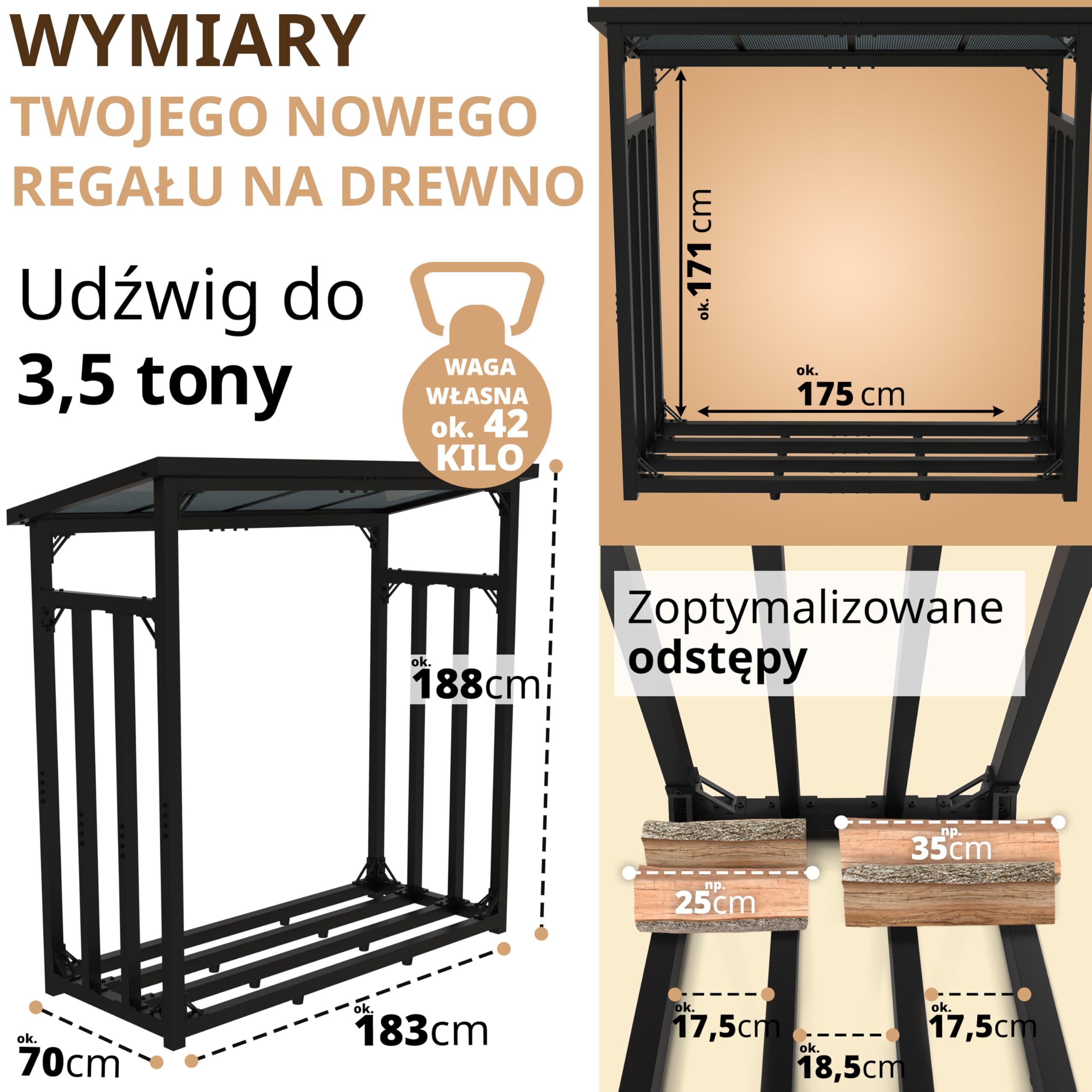 Regał na drewno opałowe zewnętrzny z dachem, ocynkowany, 188 x 70 x 188 cm 45 kg, stojak do układania w stos, nośność 3 t regał na drewno kominkowe metal z pokrywą czarny