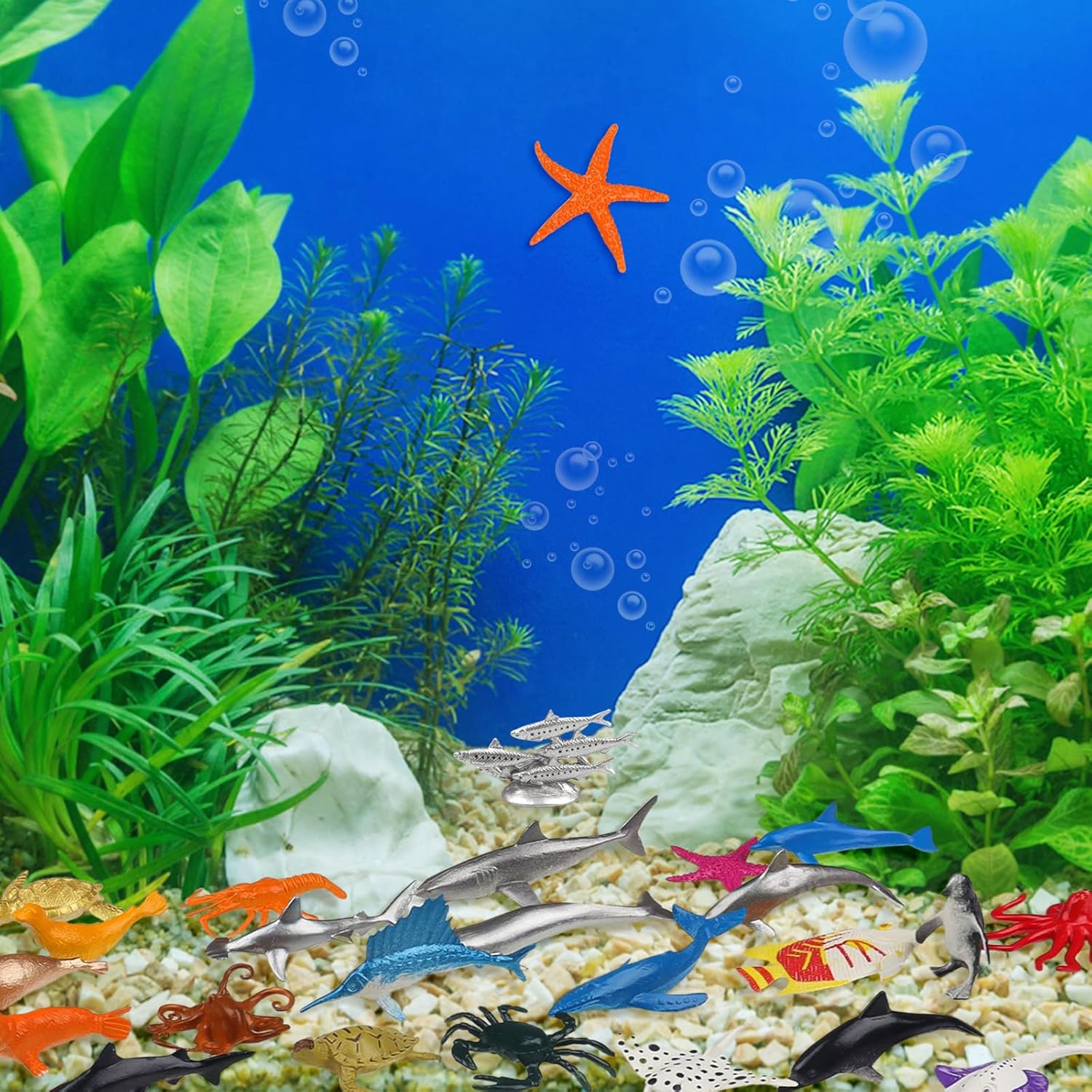 54 Pack Assorted Mini Vinyl Plastic Ocean Sea Animal Figures Toy Set, Realistic Under The Sea Life Figure Bath Gift for Child Educational Kids Party Cake Cupcake Topper