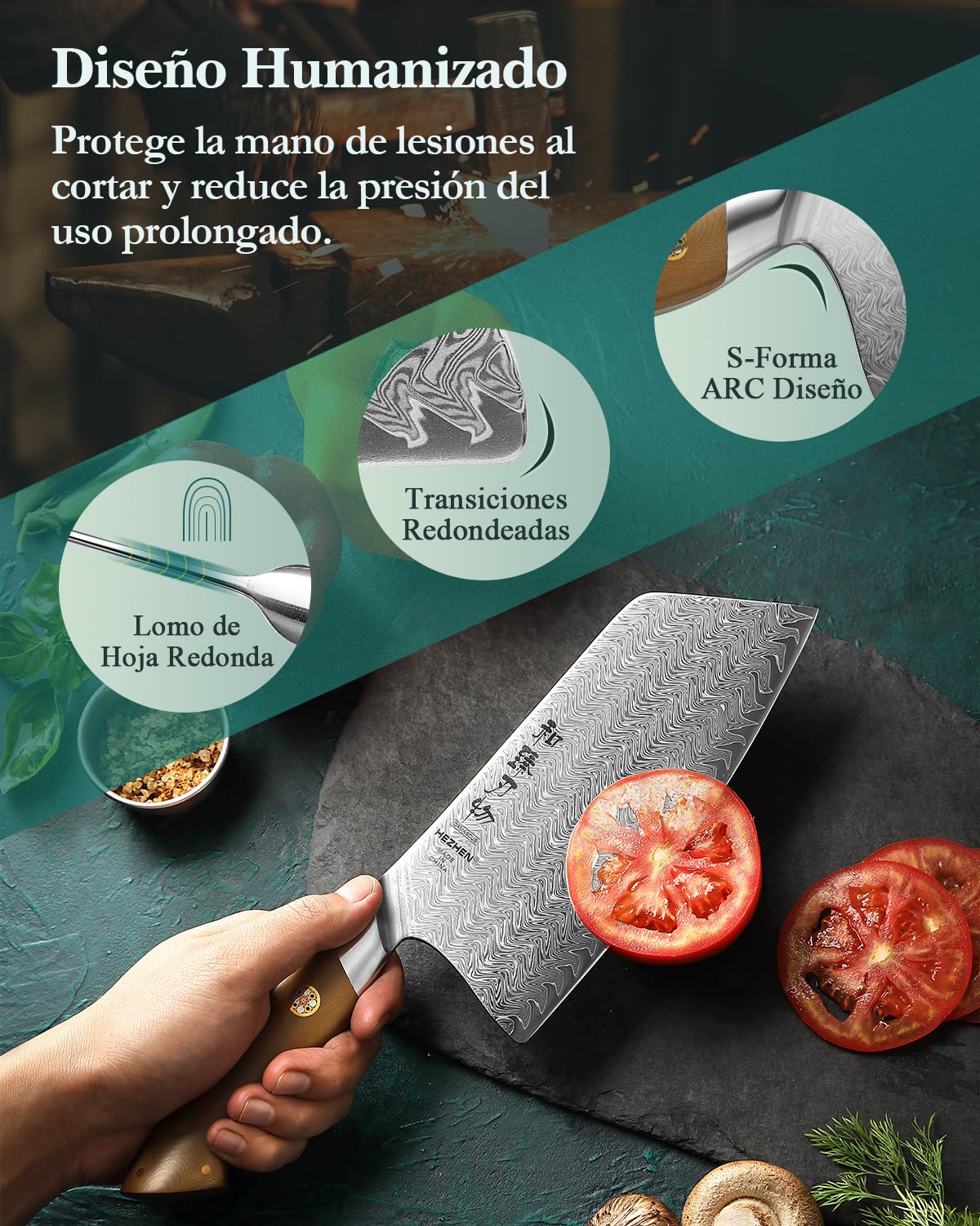 HEZHEN Damasco Hachas de Cocina Para Rebanar Carne, Multiusos Cuchillo de Chef Carnicero Chino,Cuchillos de Carne Profesional,Full Tang Mango