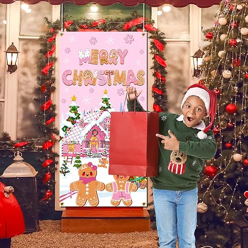Miniatura 4 de Cubierta de puerta de Navidad de pan de jengibre, suministros de Feliz Navidad, casa de jengibre, telón de fondo para puerta delantera, pancarta