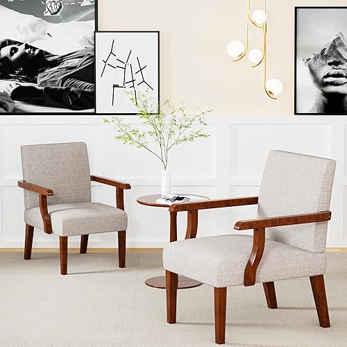 Miniatura 6 de Juego de 2 sillas decorativas de tela, juego de 2 sillas con brazos con mesa auxiliar de madera, sillas de sala de estar con asiento suave para sala