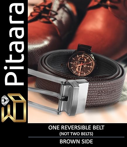 Miniatura 6 de Pitaara Cinturón reversible de cuero genuino para hombres, patrón de impresión de caja (negromarrón)