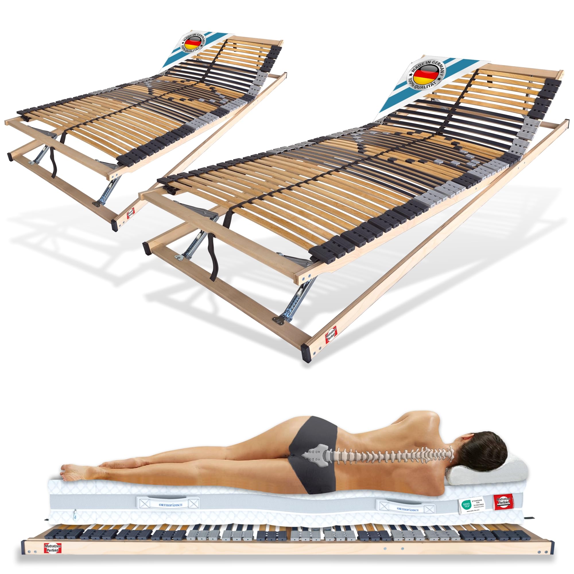 Matratzen Perfekt 2er Set Lattenrost 90x200cm 8,5 cm Hoch Verstellbar | Kopf- und Fußteil hoehenverstellbar fertig montiert Haertegrad-Regulierung 42 Leisten Made in Germany belastbar bis 200 kg