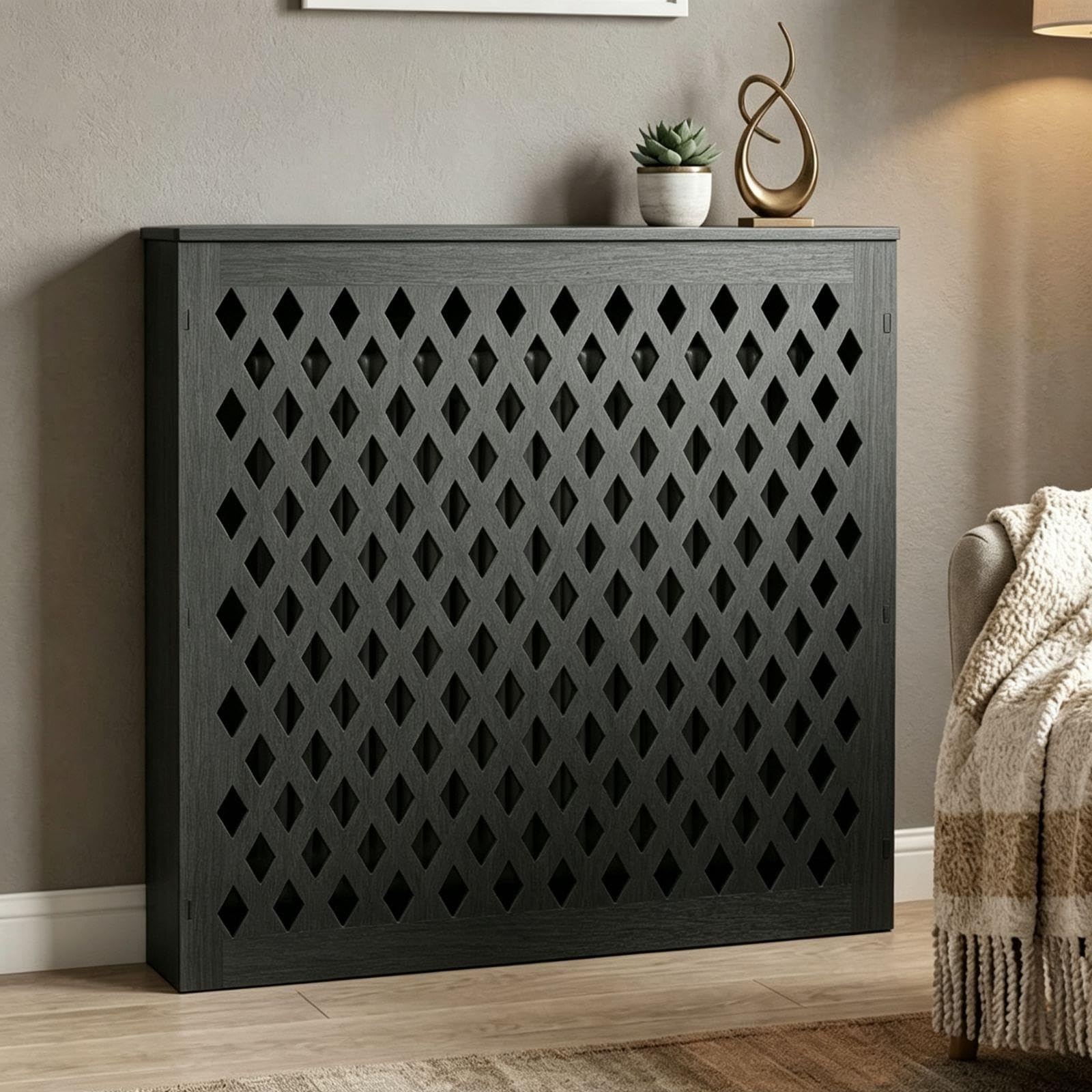 Cache Radiateur avec Tablette Étagère, Meuble Cache-Radiateur en Bois Composite PVC Imperméable, Montage Tenon-Mortaise, Bords Arrondis pour Salon, Salle de Bain, Blanc(Noir,W92 x H82 x D21 CM)