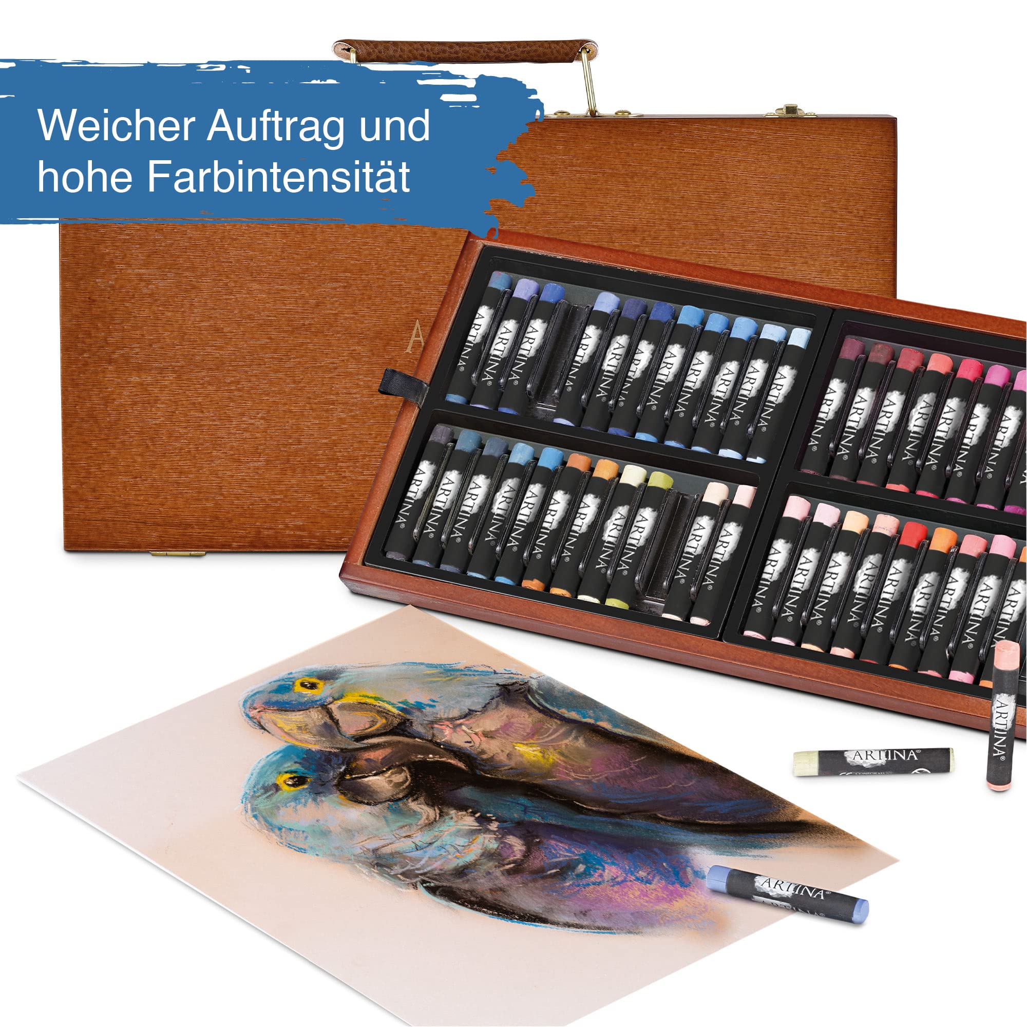 Artina Pastellkreide Set Künstlerkreide 96 Farbtöne im FSC® Zeichenkreide | 96 brillante Softpastellkreide Soft Stifte zum Malen brillanten Farbtönen zertifizierten Holzkoffer Koffer Malkreide Pastilo