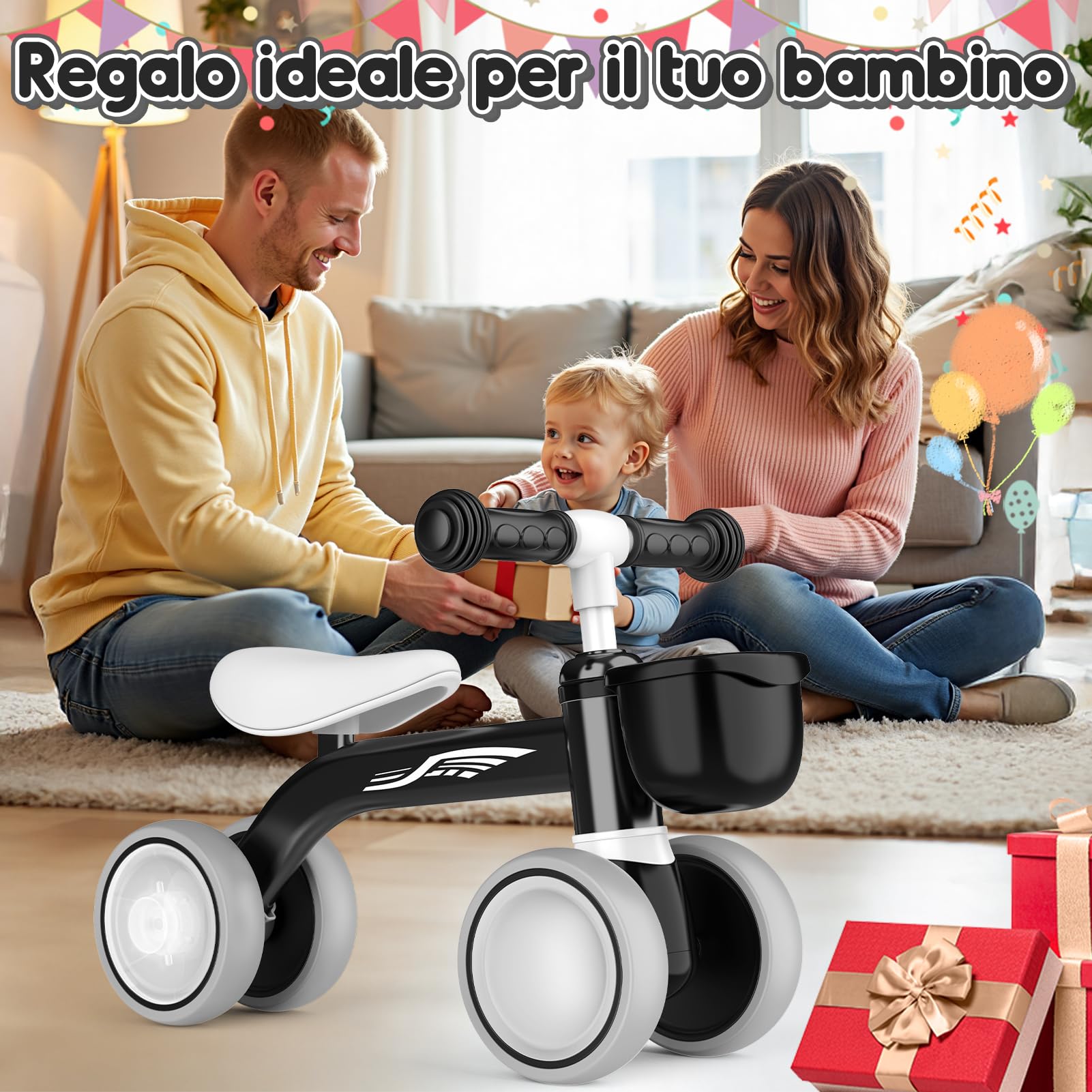 HappyGoLucky Bicicletta Senza Pedali, Ruote Colorate, Ultra Leggero, Bicicletta Equilibrio per Bambini 12-24 Mesi con Cestino, Giochi per Bambini 1 2 Anni, Regalo di Primo Compleanno, Regali Natale