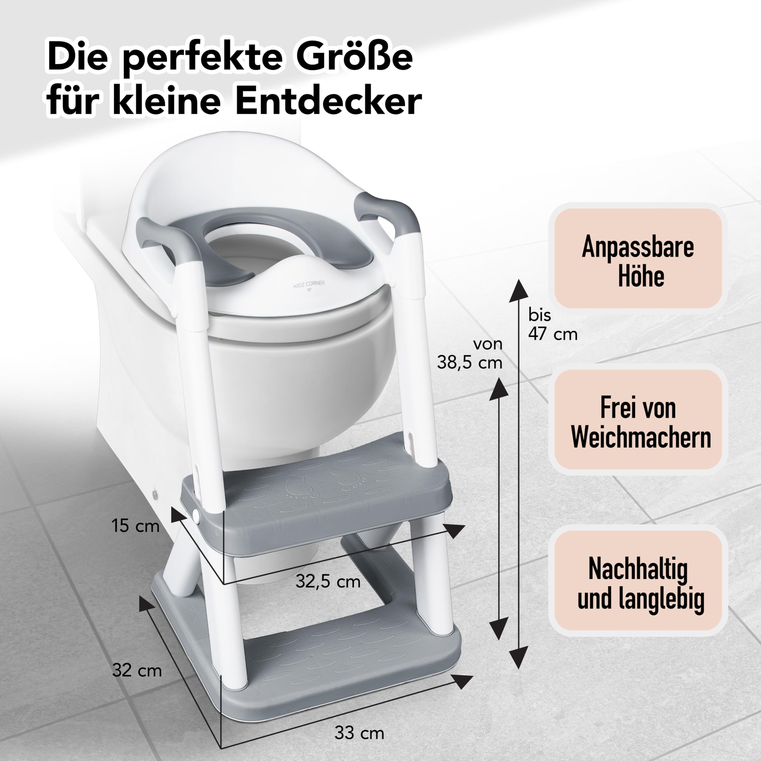KidzCorner Kinder Toilettensitz mit Treppe, höhenverstellbare Toilettenleiter klappbar auch als Tritthocker verwendbar. WC Sitz fürs Töpfchen Training.