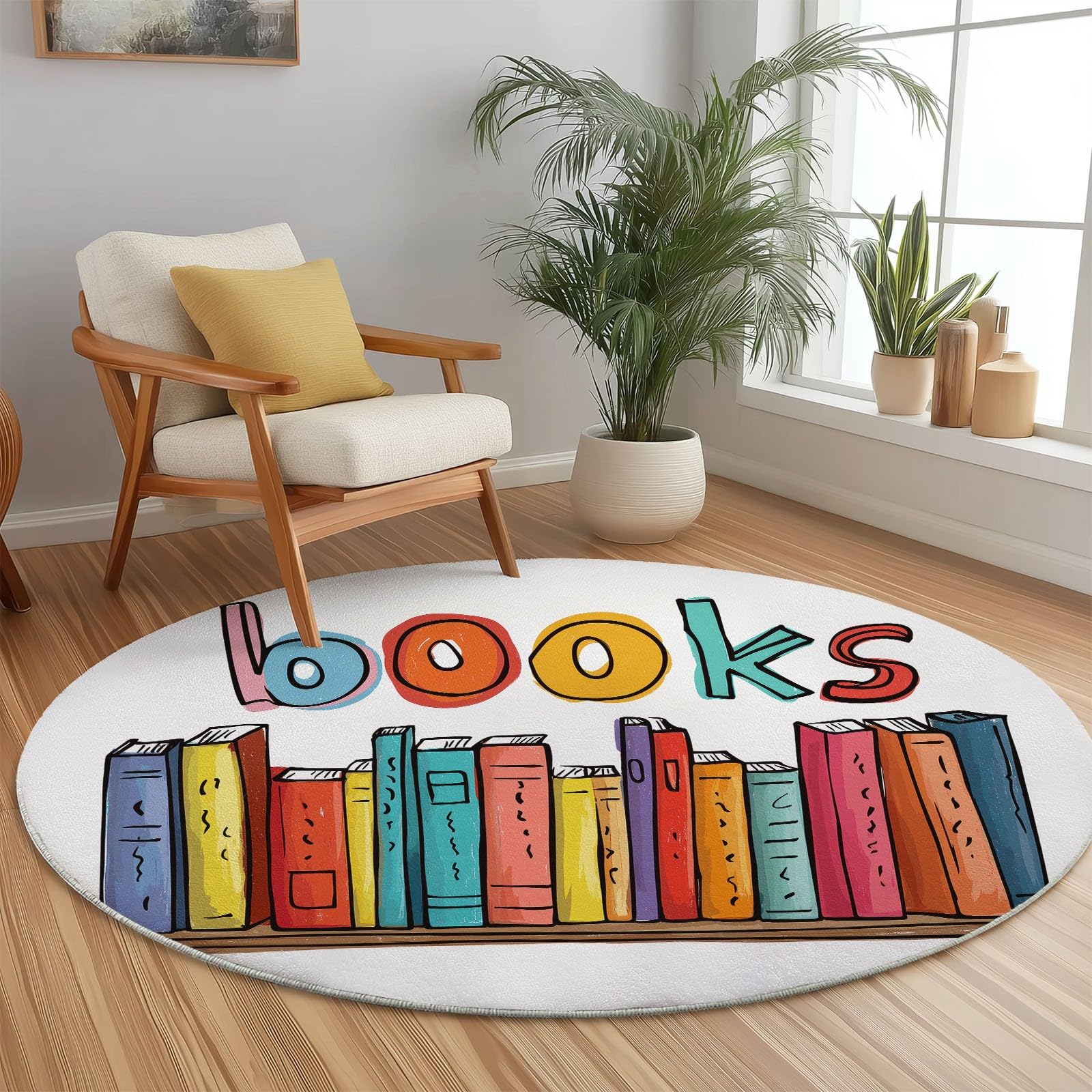 Teppich Rund 200 cm, Waschbare Teppiche, Minimalismus Bücher Briefe Flauschiger Runder Teppiche, rutschfest Carpet, Bedruckter Teppich Schlafzimmer Kinderzimmer, Bunt