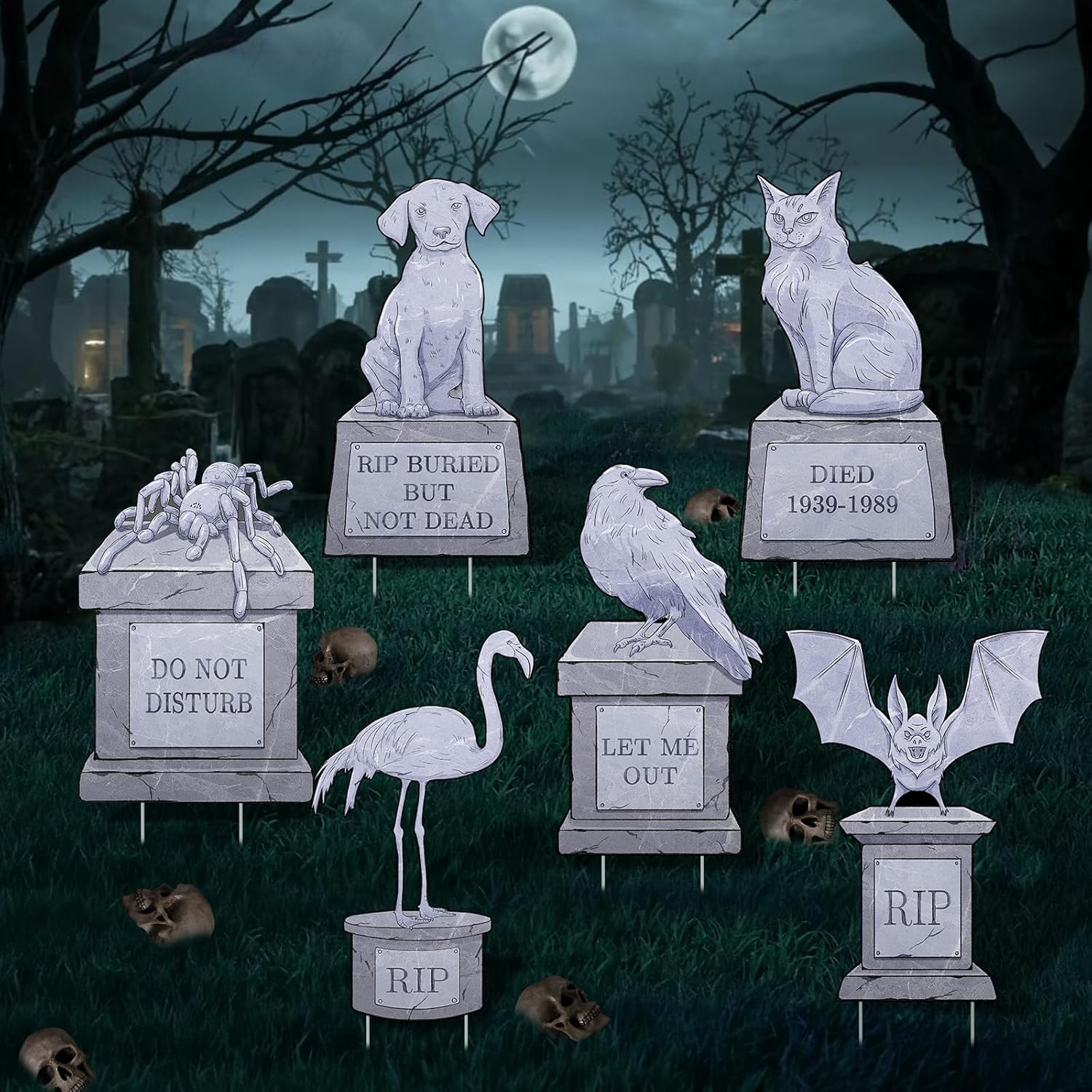 6PCS Halloween Outdoor Graveyard Signs Decorations Halloween Pet Cemetery Tombstones Yard Signs with Stakes Plastic Spider Bat Cat Dog Headstone Lawn Signs for Halloween Haunted House Mansion Supplies