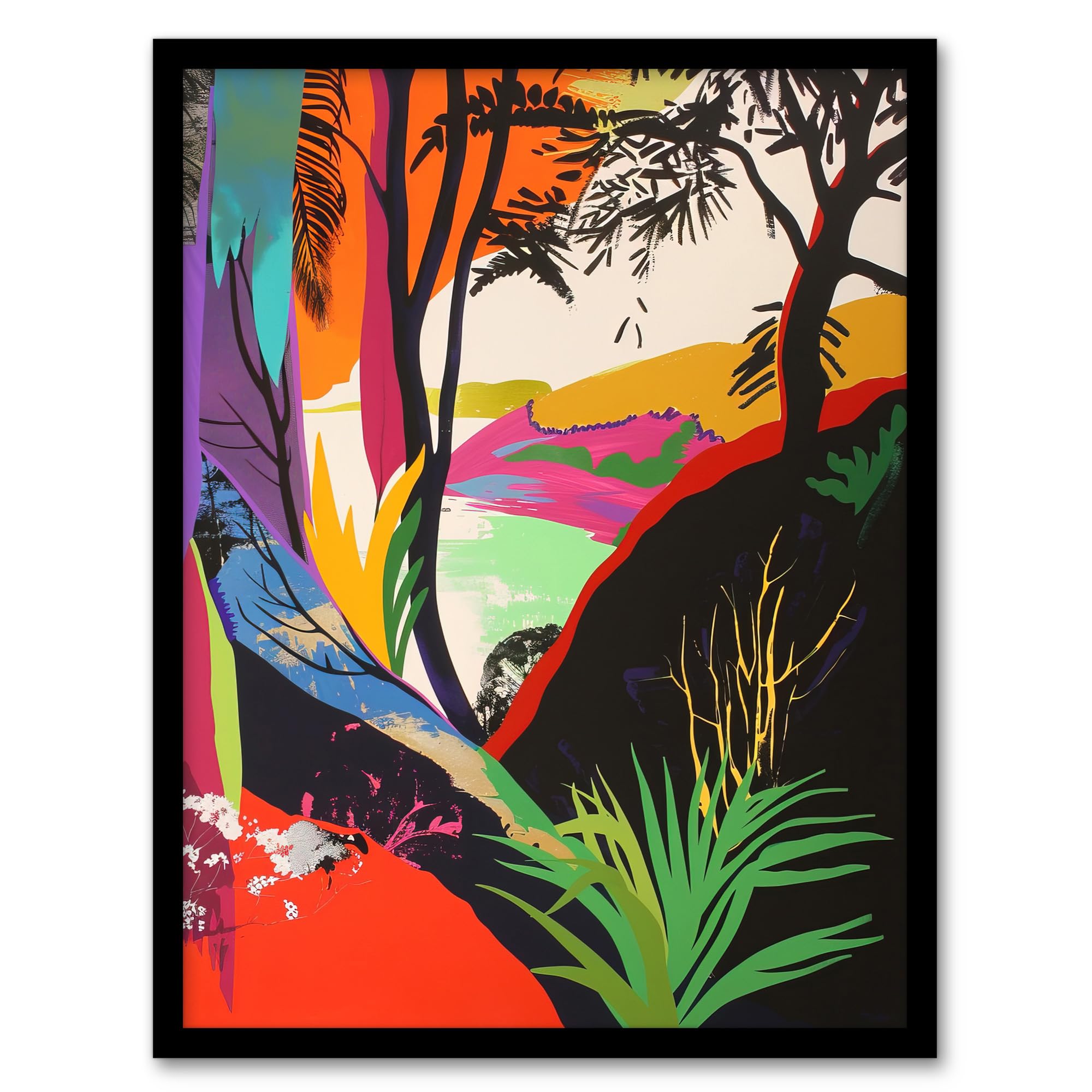Artery8 Colourful Abstract Trees Hills Lake Bright Bold Living Room Artwork Framed Wall Art Print A4