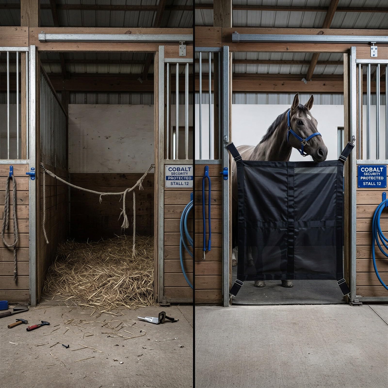 Pferde-Stallgitter, Stall-Guard für Pferde mit verstellbaren Nylongurten und Metallhaken, robuste Stallabsperrung für Gang, Scheune und Farm, schwarz, für mehr Sicherheit