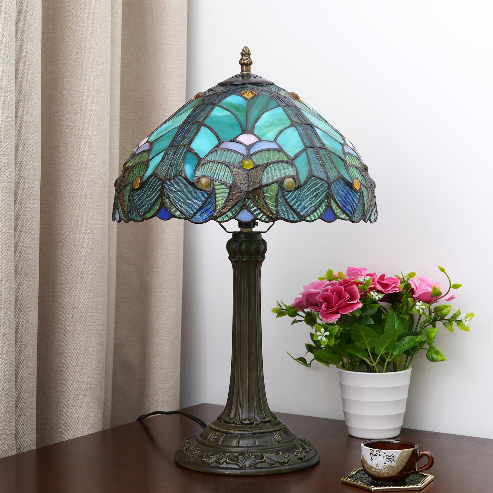 Lampa Tiffany w stylu Green Liaison, witrażowa lampa stołowa, zabytkowa lampa stołowa z metalową podstawą, lampa do czytania na biurko do salonu, sypialni, baru, sztuki i rzemiosła