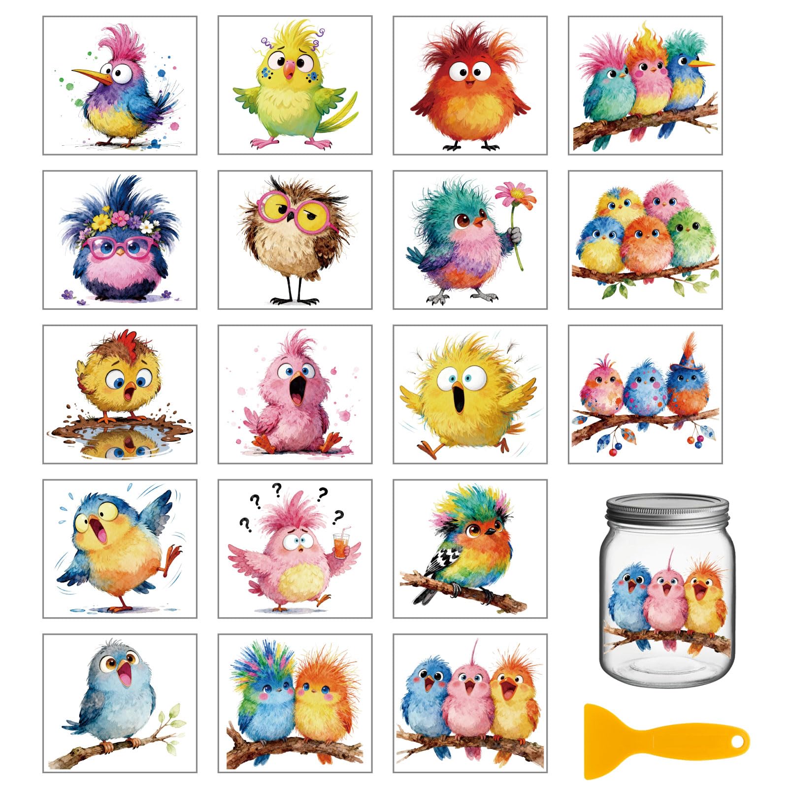GLOBLELAND 18 Sheets Funny Bird Transfer Stickers 3.9x3.6inch Colorful Frizzy Hair Bird Transfer Decal Branches Rub on Transfer for Cup Decal Vase Glass Art Crafts Decorations