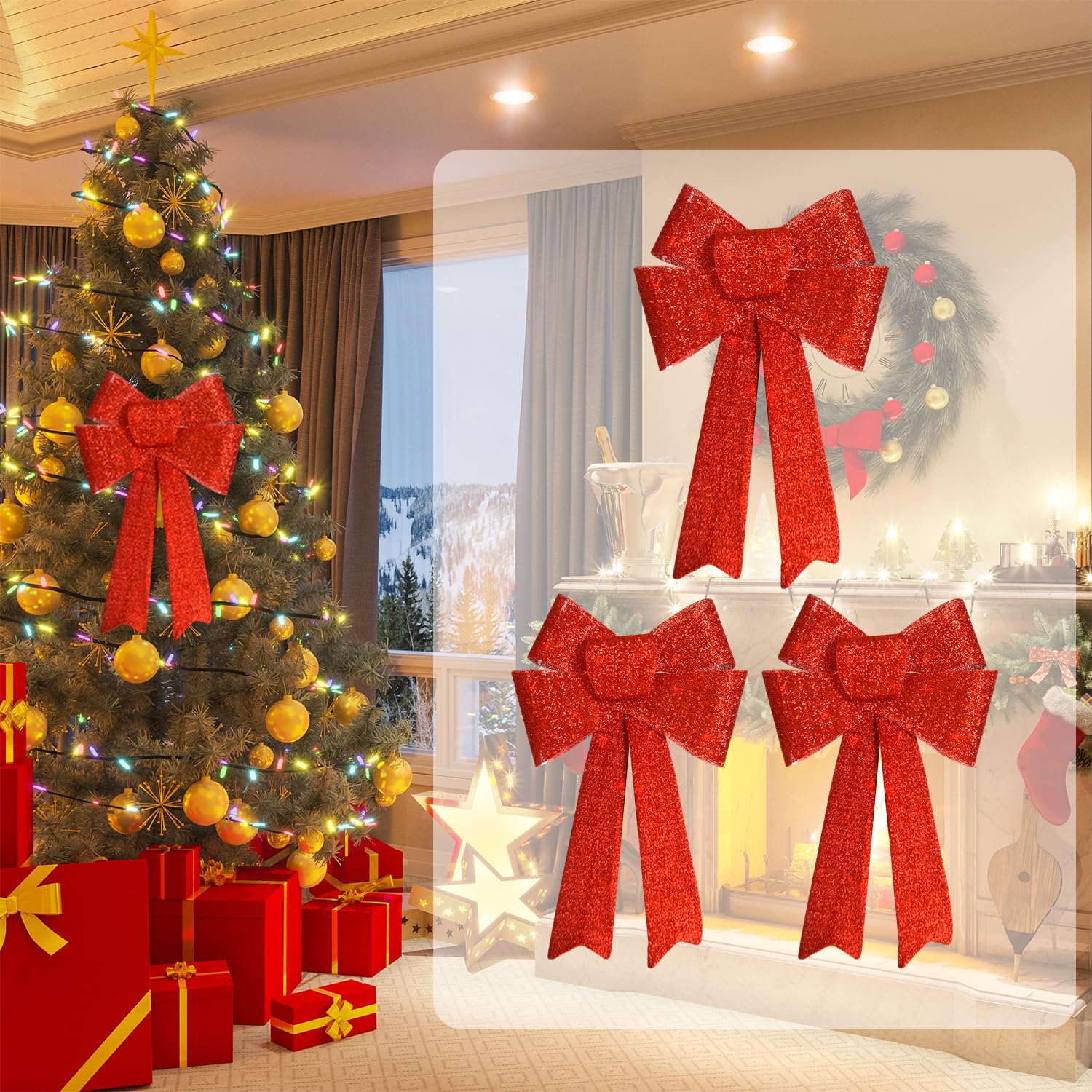 Set of 3 Red Bows Pre-Lit Christmas Bow Decoration Big LED Christmas Bows for Holiday Indoor Outdoor Home Decor w/ 30 Lights, Outdoor Battery Box,Timer, 8 Modes