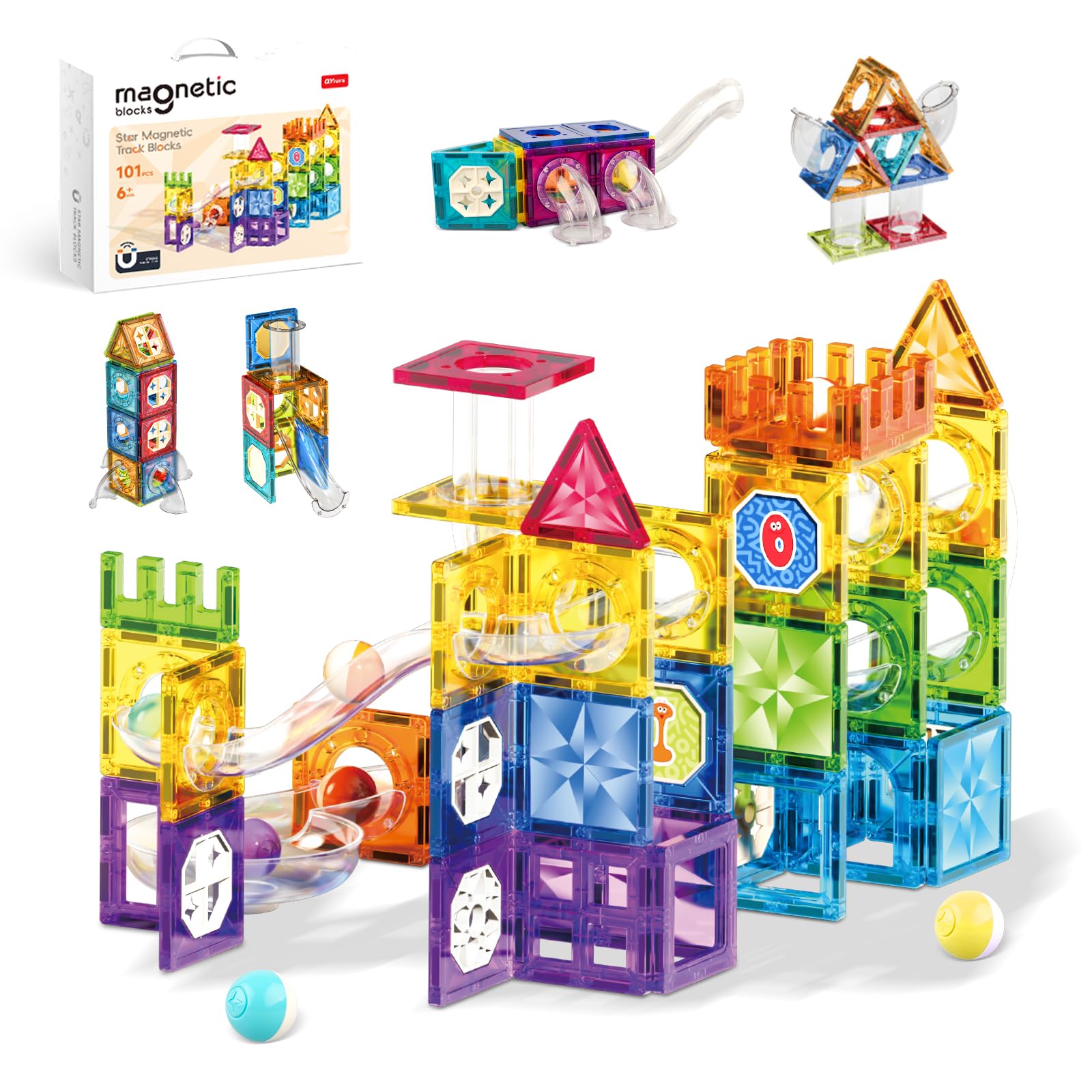 ROXENDA Magnetic Block Tiles for Kids Ages 3-8-101PCS Magnet Tiles Marble Run and Little Ball Construction Magnet Toys for Boys & Girls | Creative Construction Blocks with Idea Box101 Pcs