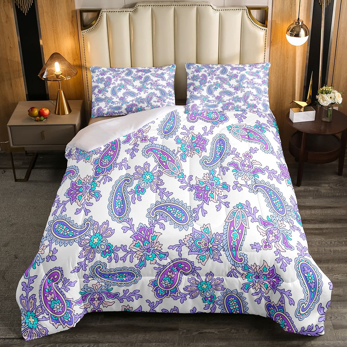Paisley Soft Duvet Kids Ohemia Mandala Indian Paisley Floral Tribal Art Bedding Set White Purple Room 3Pcs Double Size