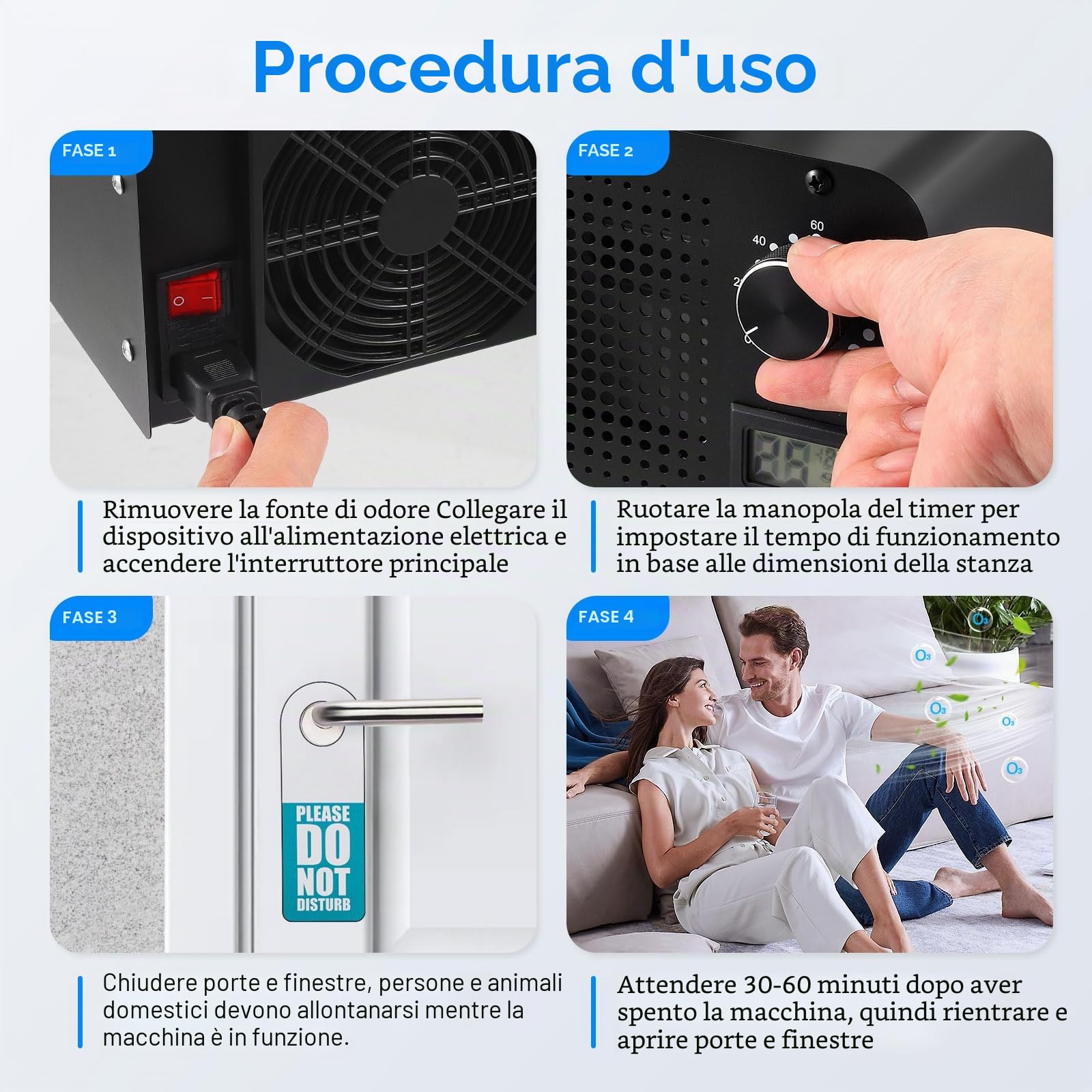 Generatore di Ozono 60000mg/h, Purificatore d'Aria Ozono per 300㎡, Macchina Ozono Alta Capacità O3 con Timer 120 Min, display di temperatura e umidità, Ozonizzatore per Casa Ambienti, Auto, Uffici