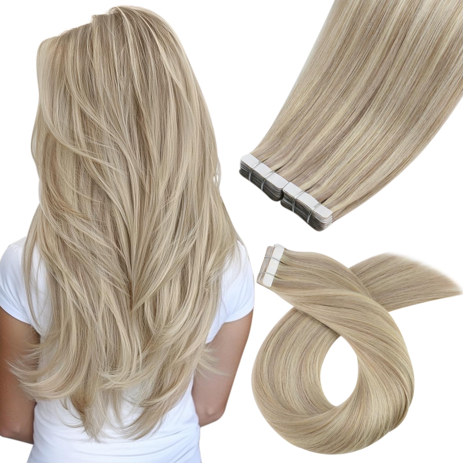 Moresoo Tape in Hair Extensions Human Hair 100g Tape Hair Extensions Ash Blonde with Bleached Blonde Thick Human Hair Extensions Tape-ins Invisible Double Side 24 Inch 40 Pieces #P18/613