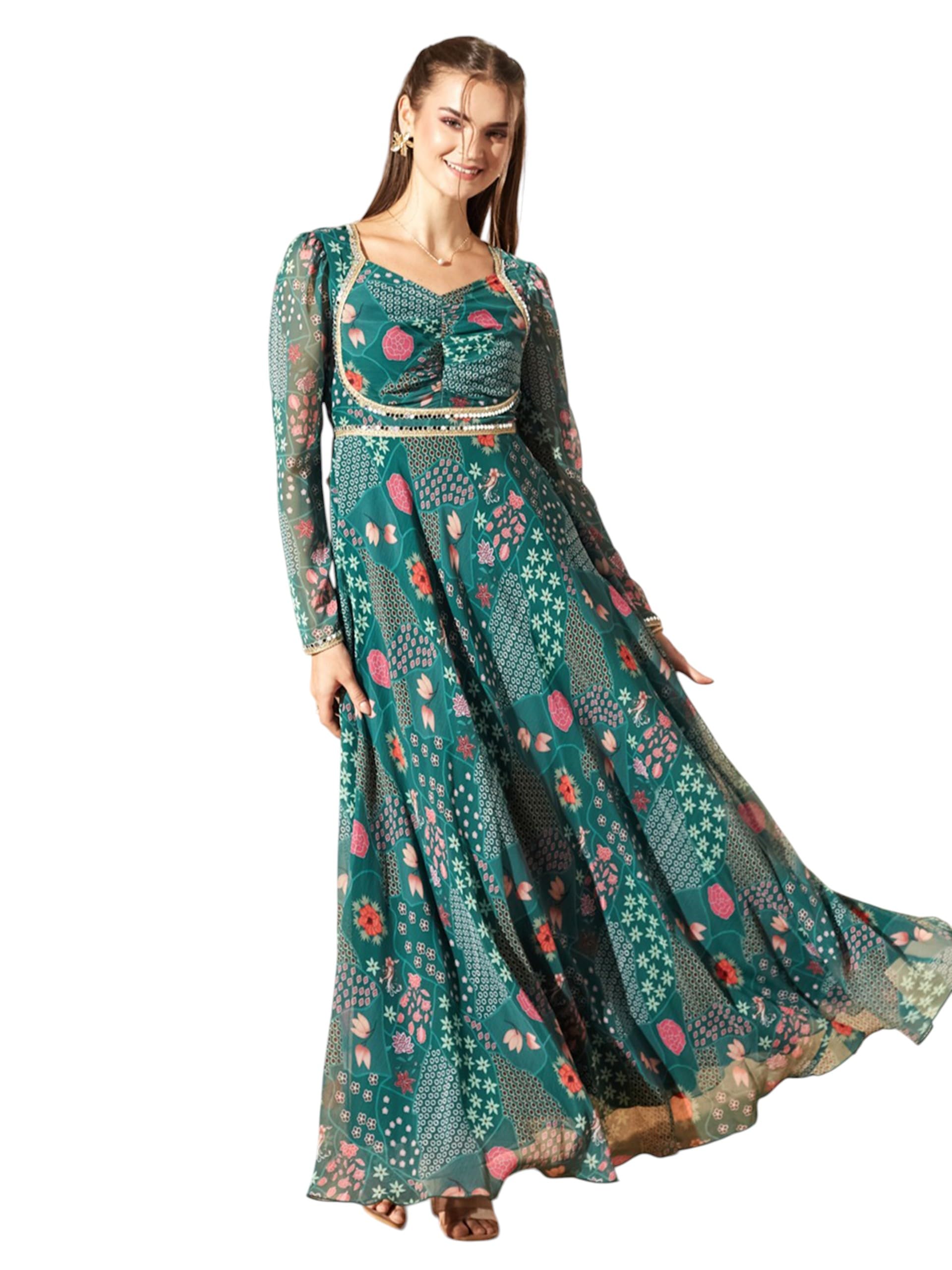 miss chase Women's Sweetheart Neck Bishop Ruched Maxi Chiffon Ethnic Dress-picture-53