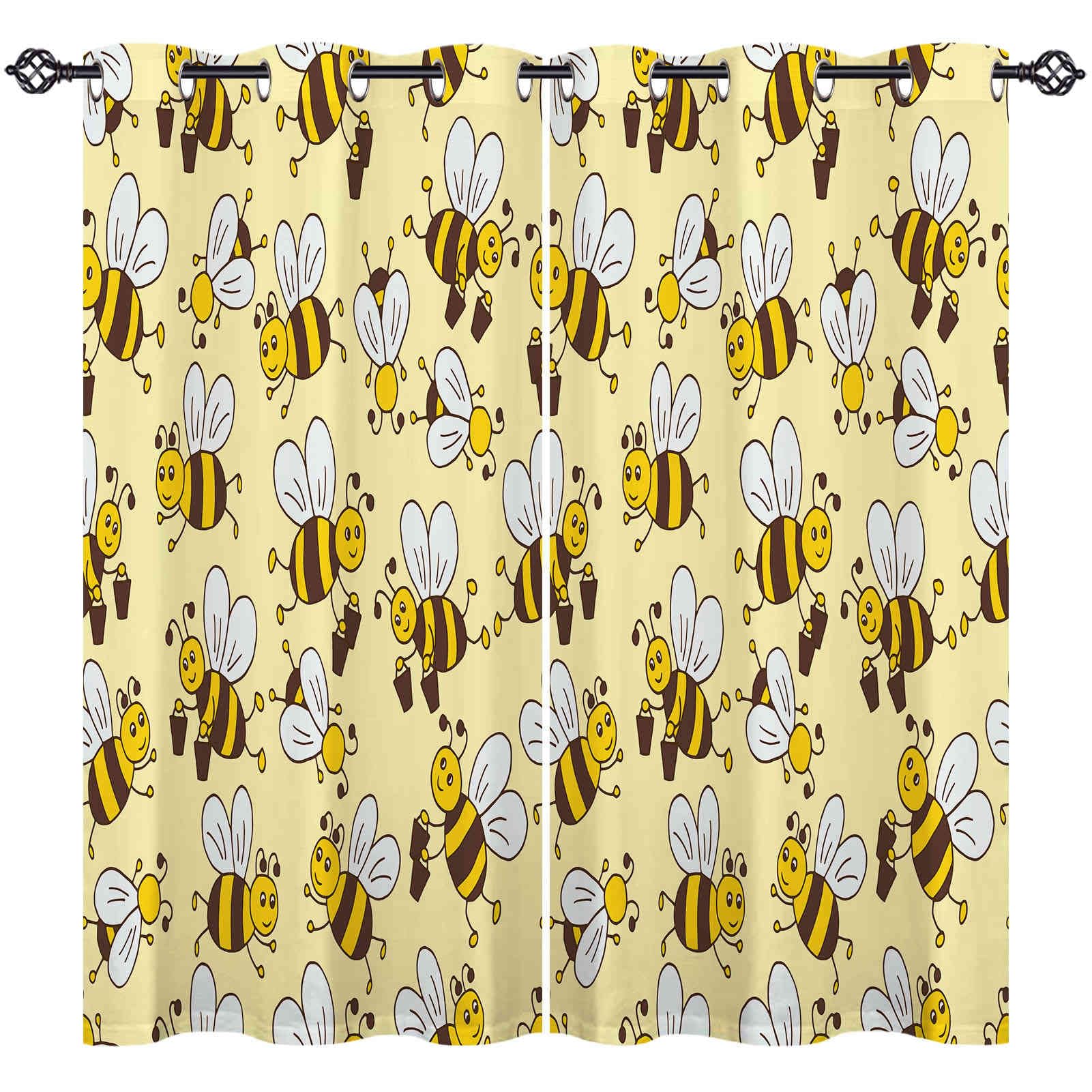 ANHOPE Bee Curtains Eyelet Thermal Insulated Blackout Curtains Cute Cartoon Animal Bees Print Pattern Ring Top Drapes for Bedroom Living Room 55 x 69 Inch Drop 2 Panels