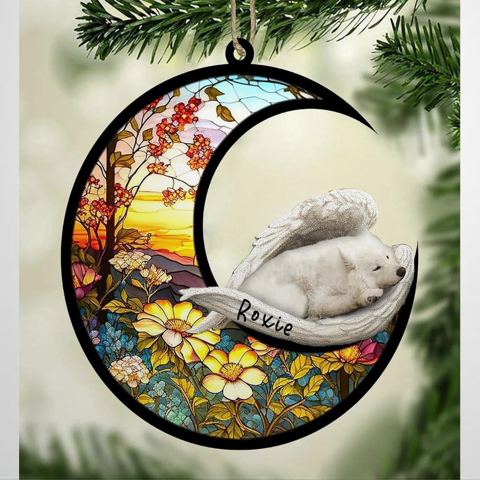 Luckluccy Samoyed Personalized Dog Memorial Suncatcher, Christmas Ornament With Name,Pet Loss Catcher,Gifts For Dog Lovers Loss Of Dog, Sleep On Haven