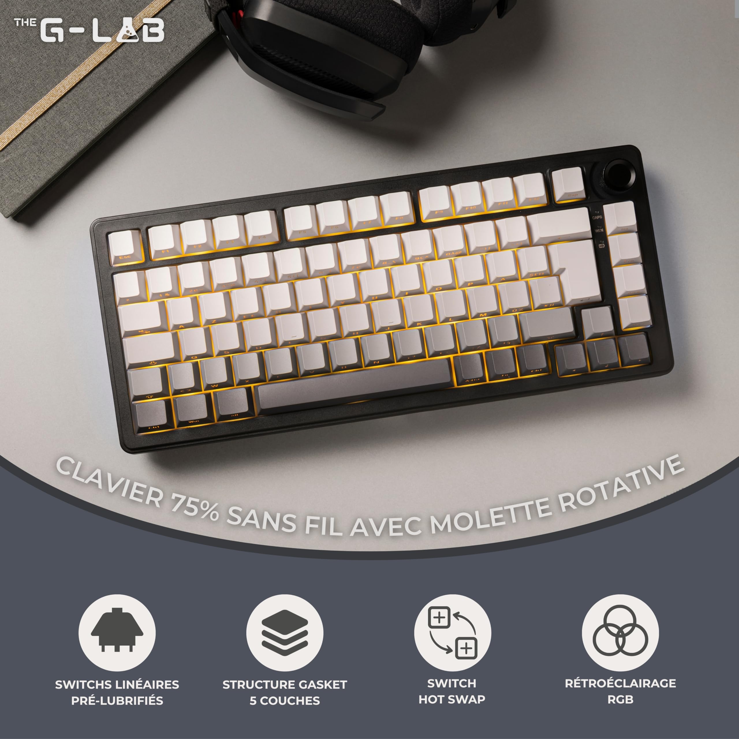 The G-Lab KEYZ Elite 300 GRG - Clavier Gamer sans Fil TKL Tri Mode 2.4 Ghz/Bluetooth/Filaire - Clavier Mécanique Hot Swap, Switchs Pré-lubrifiés, Gravur Latéral, RGB+Macro - AZERTY FR - Windows/Mac