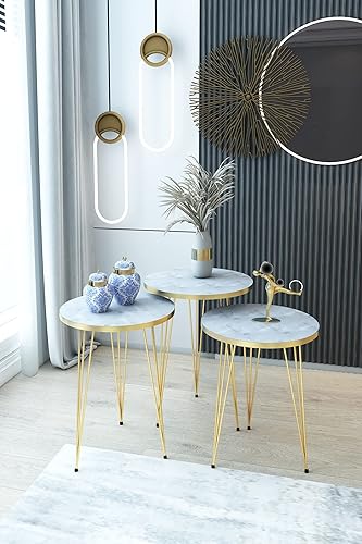 Miniatura 21 de PAK HOME Juego de 3 mesas auxiliares anidables de mármol blanco, mesas auxiliares redondas de madera apilables con patas de metal para sala de