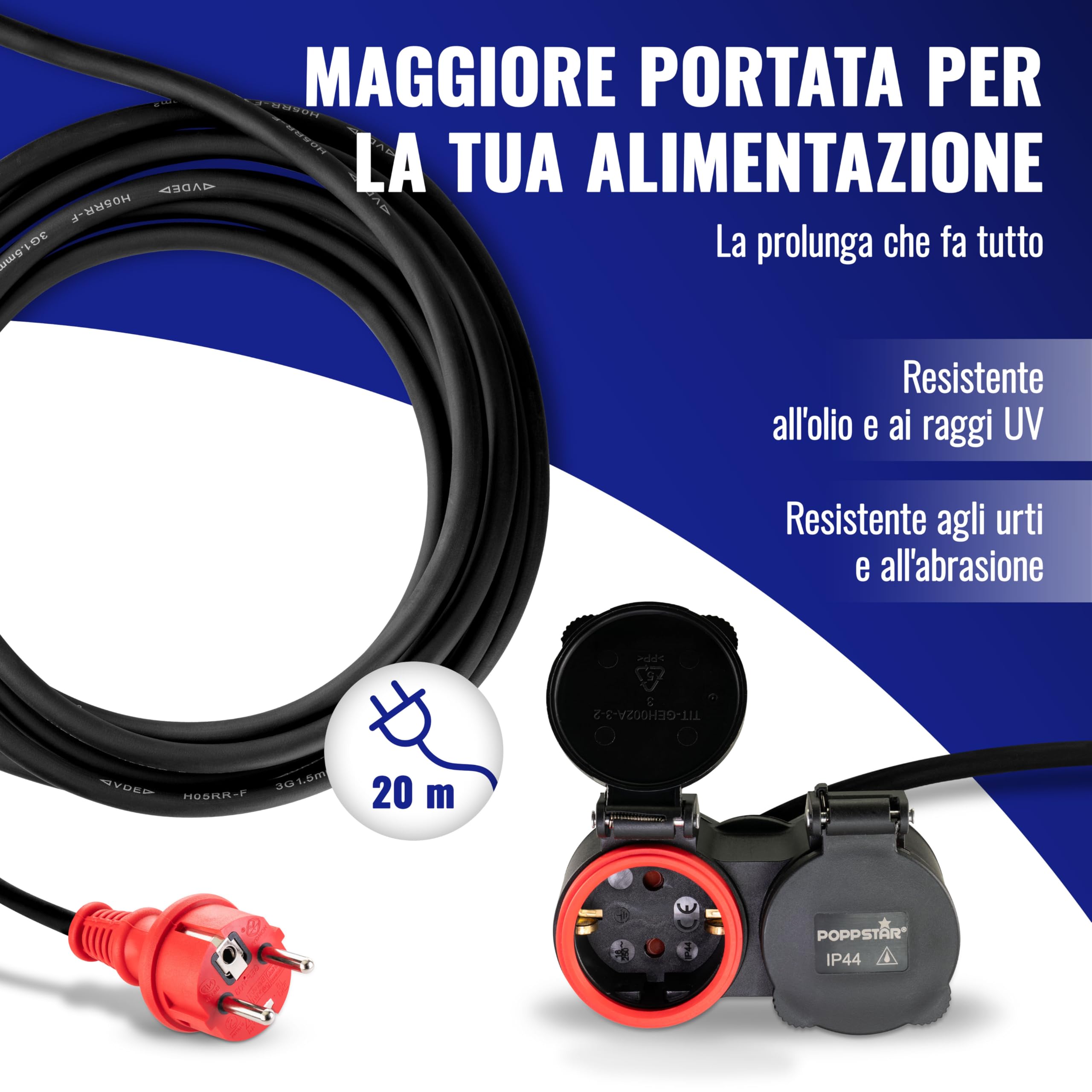Poppstar Prolunga per esterno 20 m (2 prese Schuko, IP44, 16A/3680W, H05RR-F 3G1.5), nero/rosso