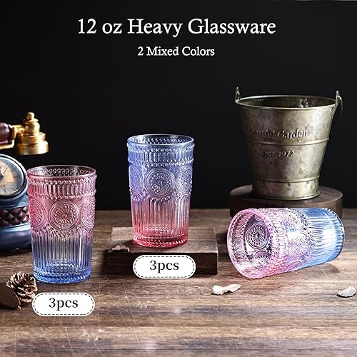 Miniatura 2 de Juego de 6 vasos de bebida vintage, vasos de vidrio de 12 onzas, vasos de agua acanalados en relieve para cóctel, agua, jugo, cerveza, whisky