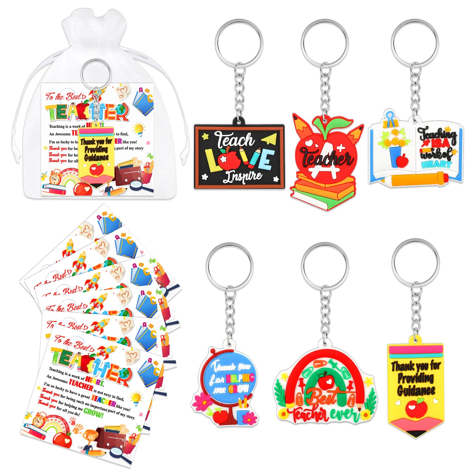 DPKOW Thank You Teacher Gifts, 6 Thank You Teacher Keyrings + 6 Teacher Thank You Cards