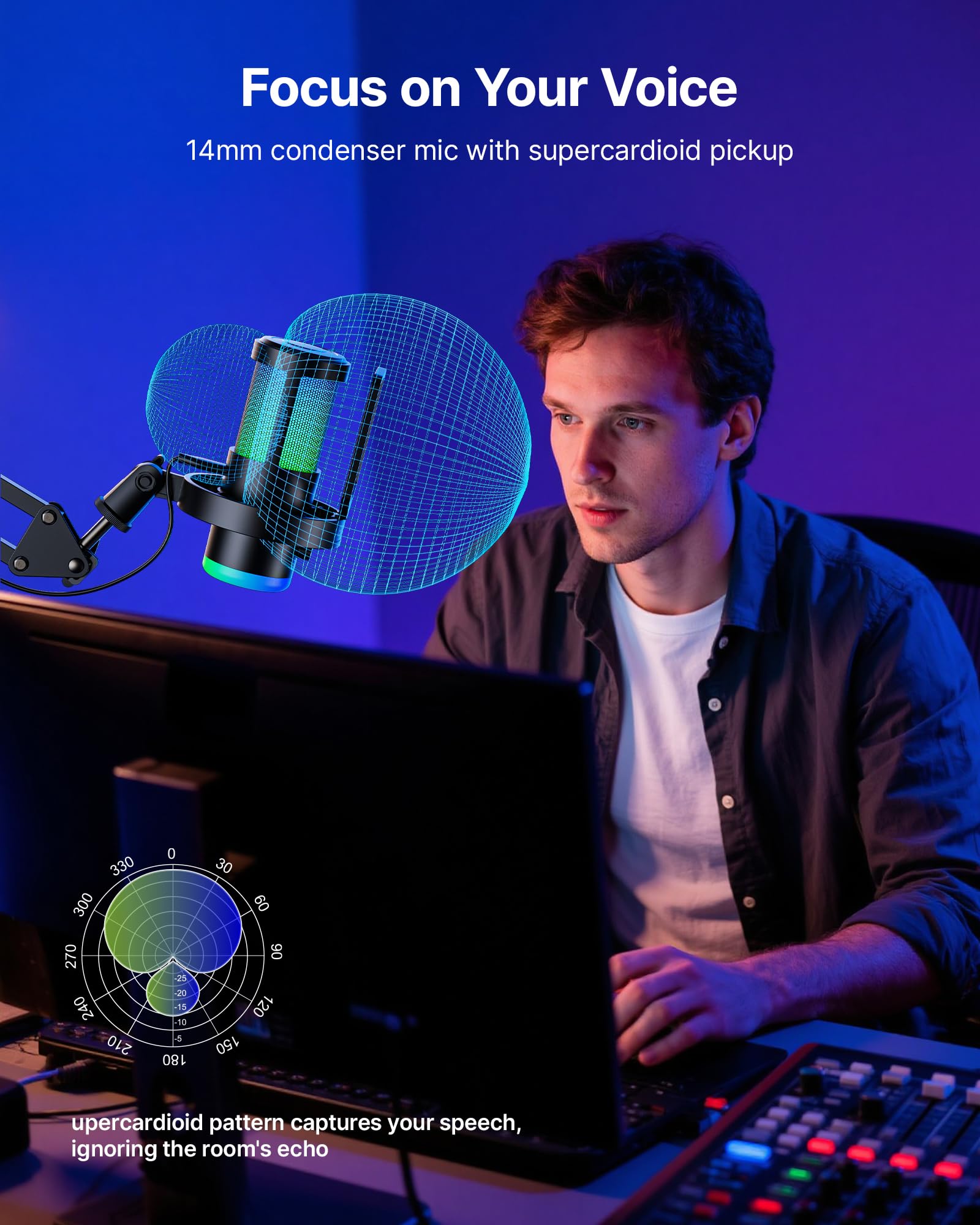 BOYA G30 Microphone Gaming USB PC/PS4/PS5, 192/96/48 kHz, 24/16 Bits, RGB, Réduction de Bruit, Mute, Contrôle du Gain, Monitoring, Filtre Anti-Pop, Micro à Condensateur pour Streaming et Podcast