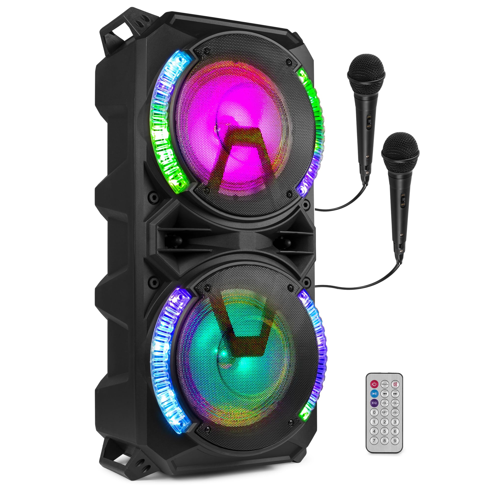 Fenton LIVE280 Enceinte Karaoke LED 2X 8”, 900W Max, 2 Microphones, Trolley et roulettes, Eclairage LED en Façade on/Off, USB et Micro SD, AUX, Connexion Bluetooth 5.0, sur Batterie ou Secteur