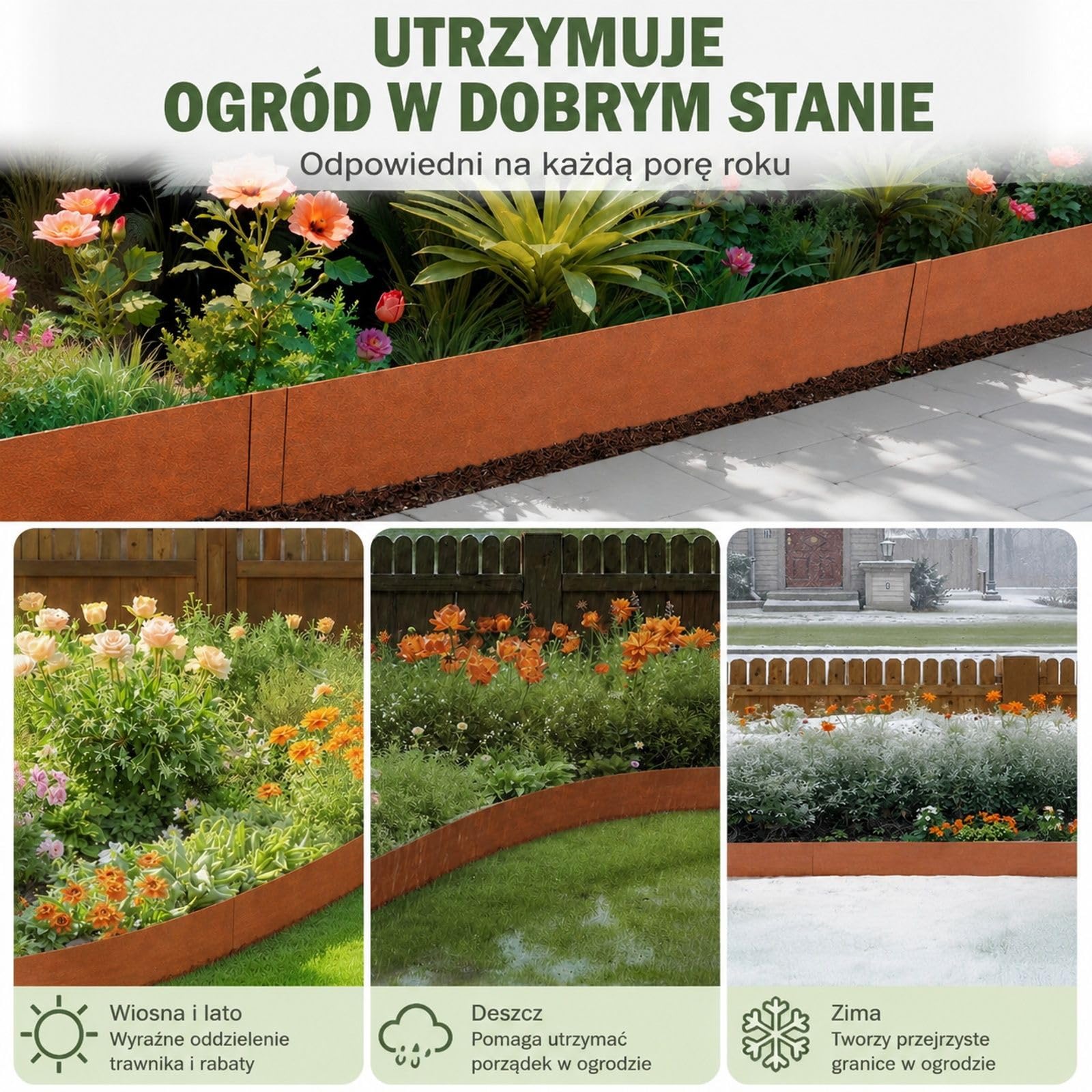 Zestaw 6 obrzeży ogrodowych ze stali, metalowa krawędź z palikami do trawnika, podwórka i ogrodu