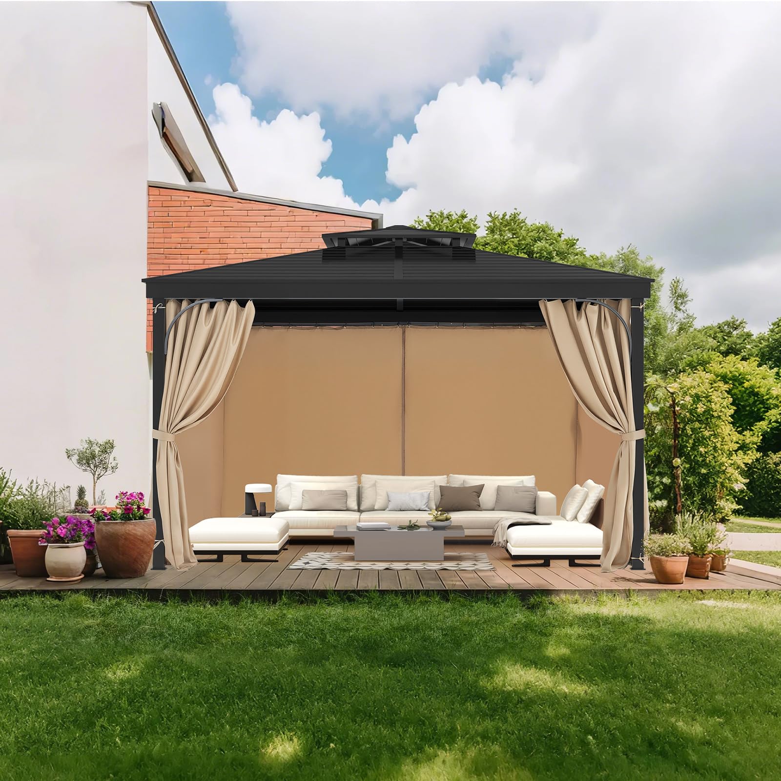 VEVOR Rideau d'Intimité pour Tonnelle Extérieur, 281x373x213 cm, Rideaux Pare-Soleil Universel Polyester Imperméable de Remplacement, avec Fermeture Éclair, pour Auvent Patio, Rideau Uniquement, Kaki