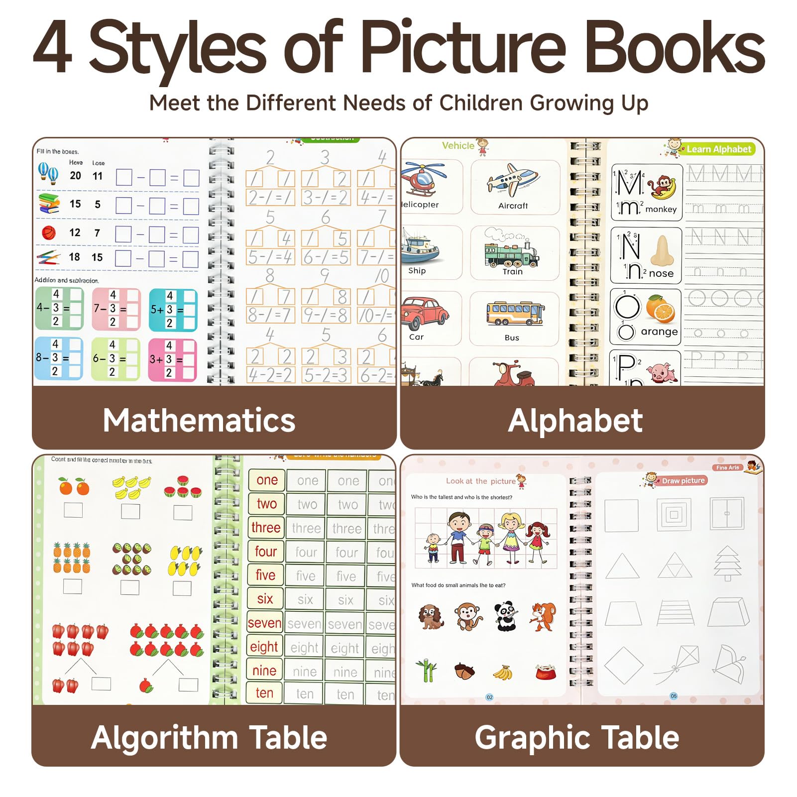 Cuaderno de ejercicios preescolar mágico, 4 unidades, cuaderno mágico con 1 bolígrafo y 10 minas de repuesto, libros de ejercicios reutilizables para alfabeto, números y matemáticas