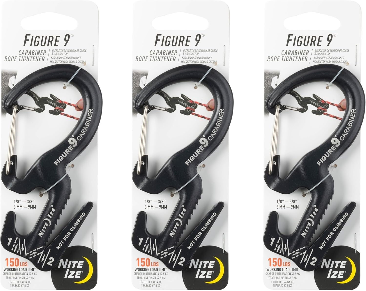 Nite Ize Figure 9 Carabiner Rope Tightener - Heavy-Duty Carabiner Clip - Cord & Rope Tightener with Wire Gate - Carabiner Camping Accessories & Tent Essentials - Large, Black (3 Pack)