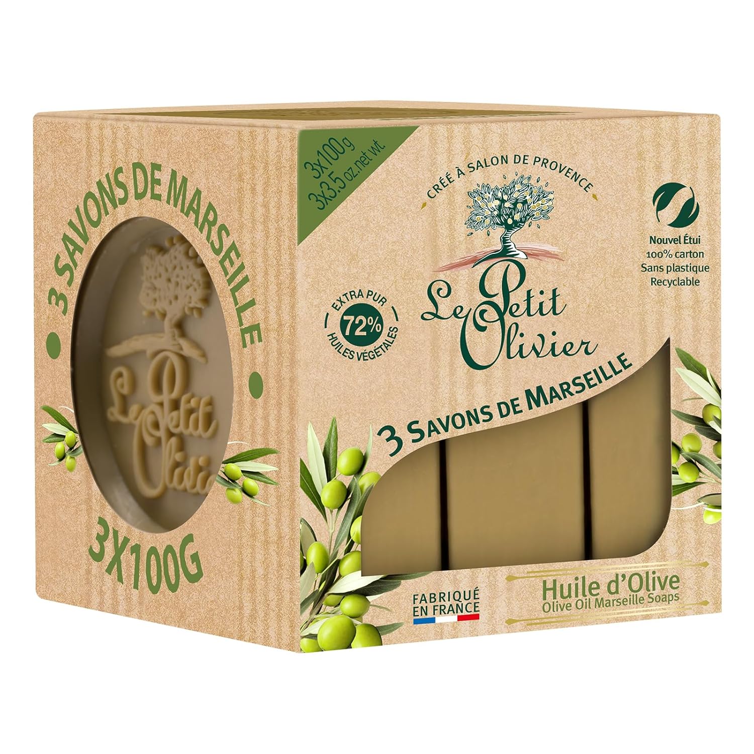 Le Petit Olivier Olive Oil Marseille Soaps, 3 x 3.5 oz - Enriched with Olive Oil and Natural Extracts - Mild and Gentle - Cruelty-Free - Paraben-Free - Natural Soap