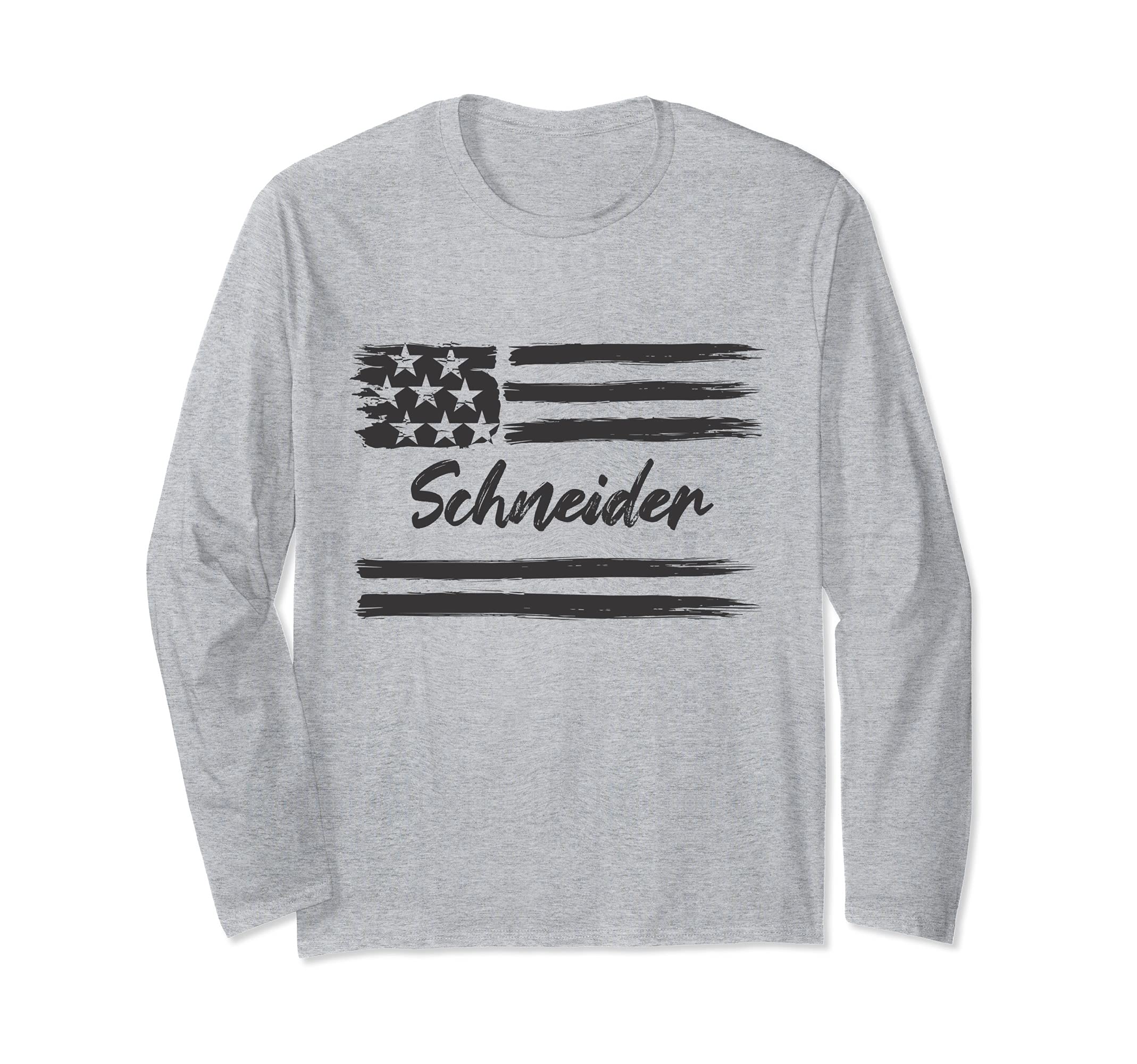 Schneider - Personalized Name, Stars and Stripes, USA Flag Long Sleeve T-Shirt, Grey