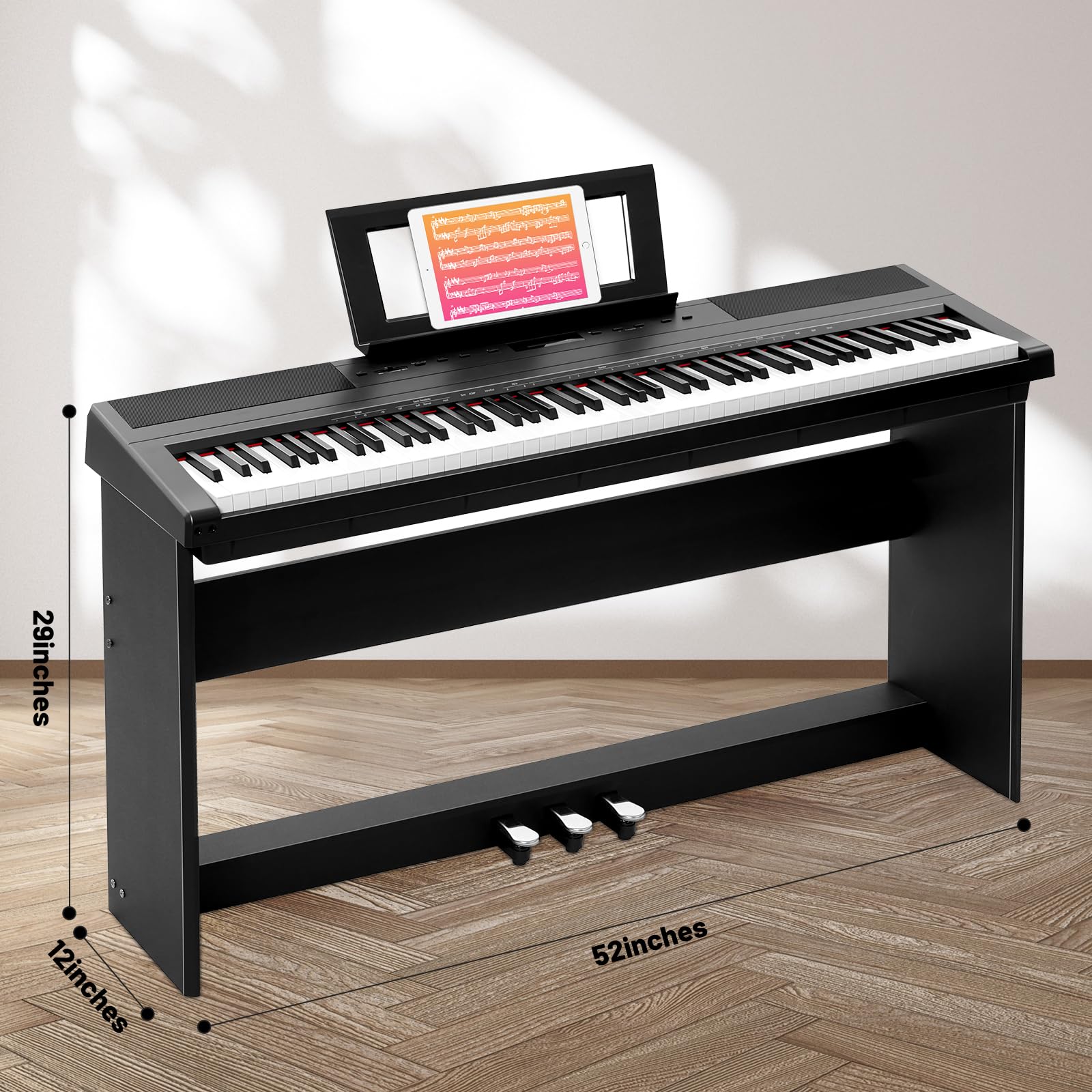AODSK Weighted Piano 88-Key Beginner Digital Piano,Full Size Weighted keyboard with Hammer Action,with Sustain Pedal,238 Tones,200 Rhythms,100 Demo Songs,Stereo Speakers,MP3 Function,Black,wood stand