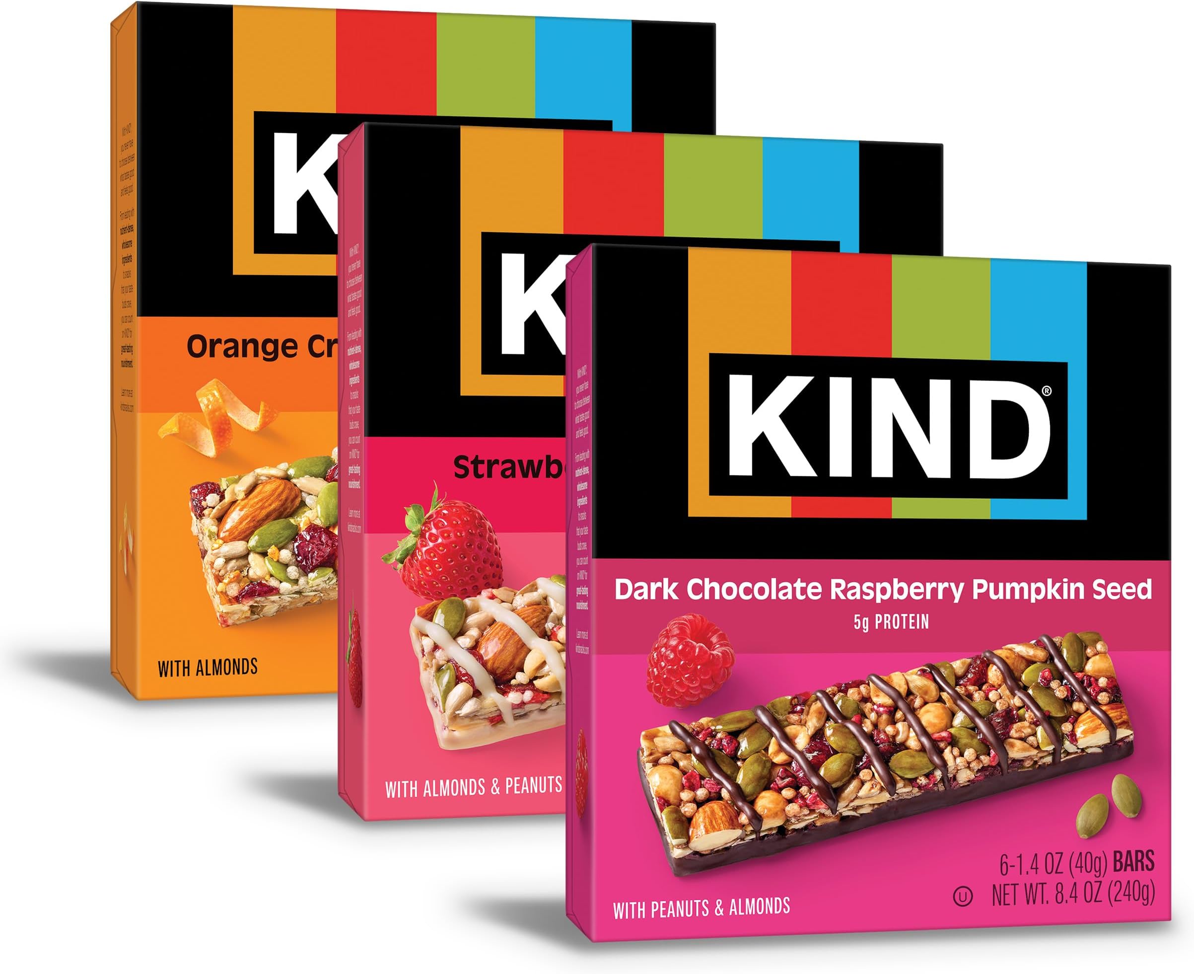 KIND Bars Seeds, Fruit and Nuts Variety Pack, Strawberry, Dark Chocolate Raspberry and Orange Cranberry, Good Source of Fiber, 5g Protein, Gluten Free Snack Bars, 18 Count