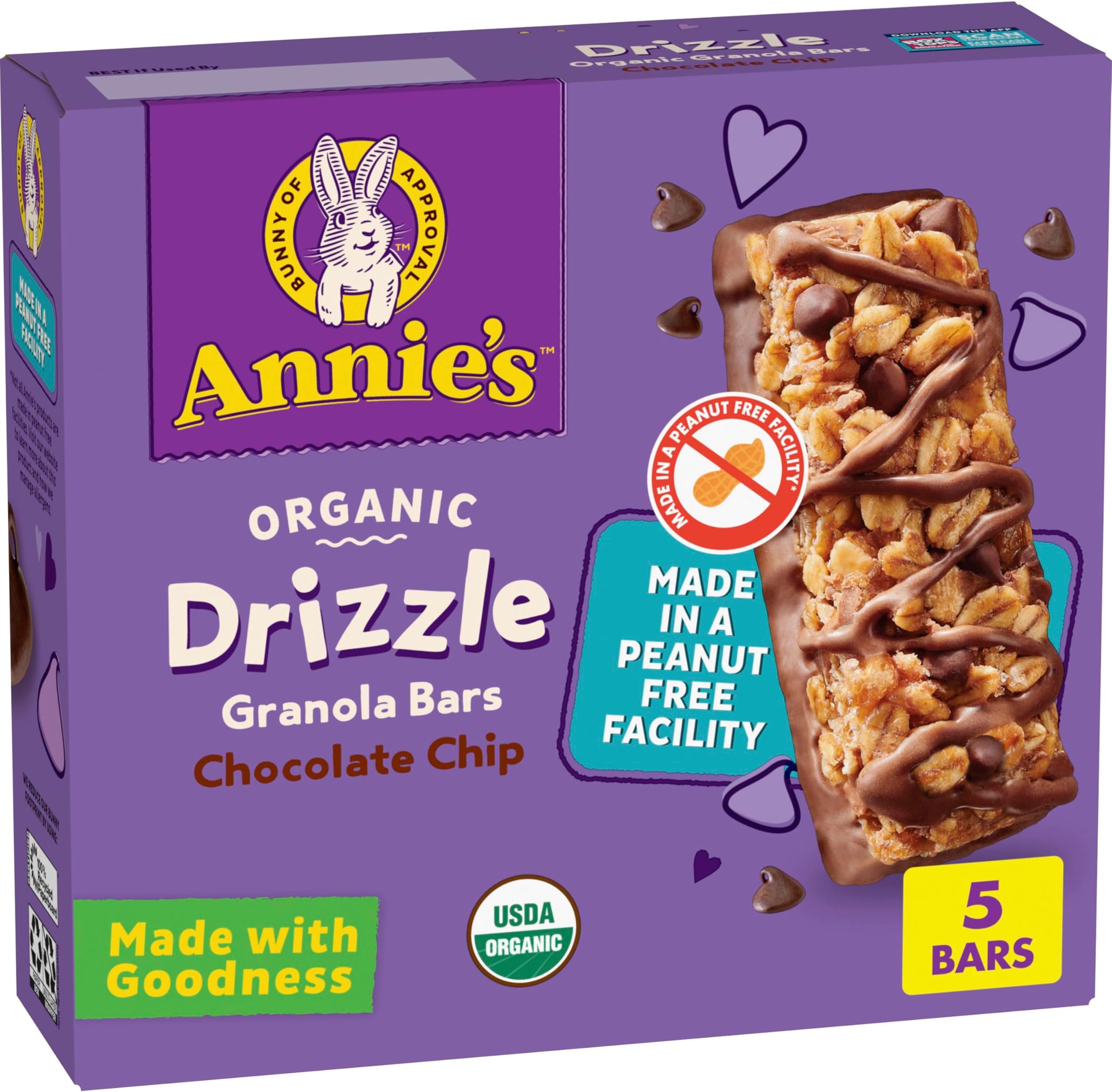 Annie's Organic Drizzle Granola Bars, Chocolate Chip, 5 Bars, 4.6 oz