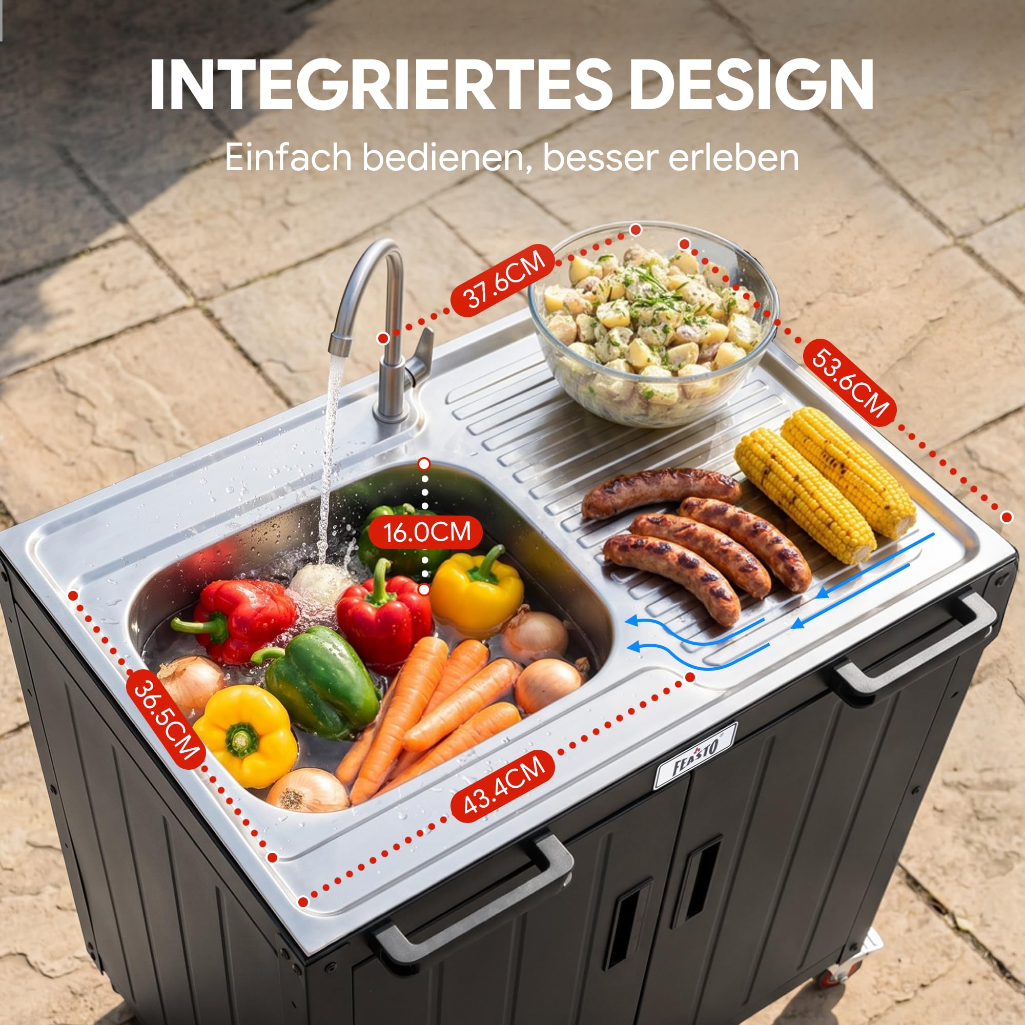 Outdoor Küche Spüle mit unterschrank Ausgussbecken Spülbecken | 89,5x65x120 cm Outdoor Grillwagen mit freistehendem Spülbecken, Schrank, Edelstahlplatte, für Außenküche, Gastro, Garage