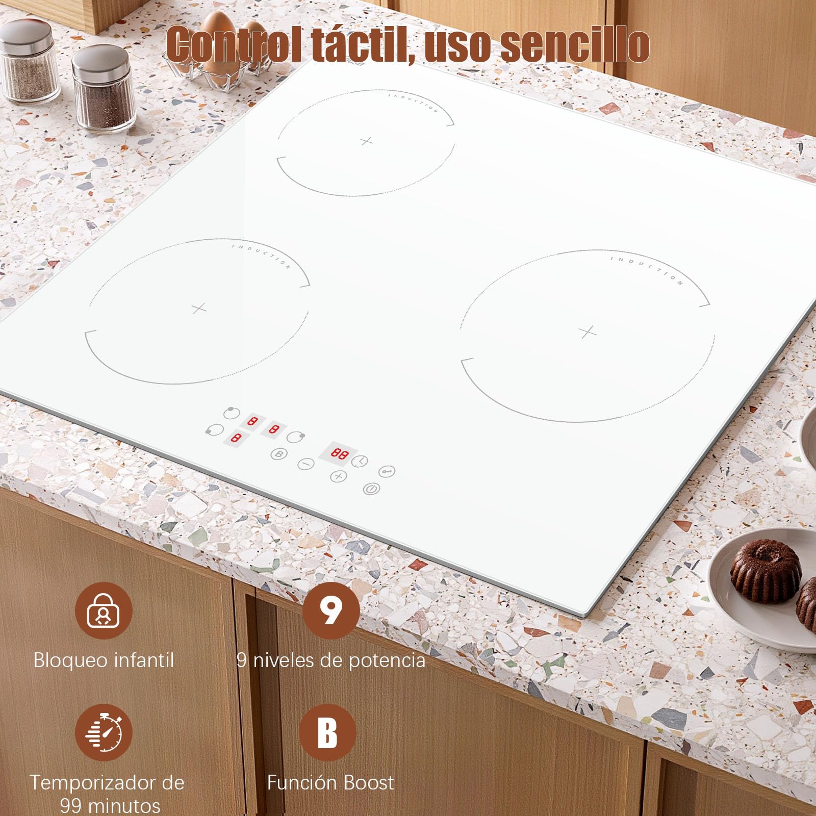 Hobsir Placa induccion 3 Fuegos con Enchufe 60cm, Placa de Inducción Blanca | 3500W, Control Táctil, Función Boost, 9 Niveles de Potencia, Bloqueo Infantil, Temporizador, 220-240V
